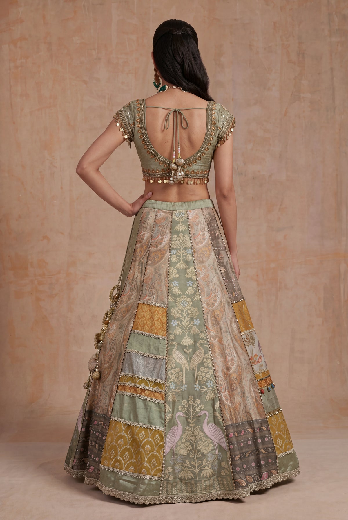 Light Green & Mustard Banarasi Printed Lehenga