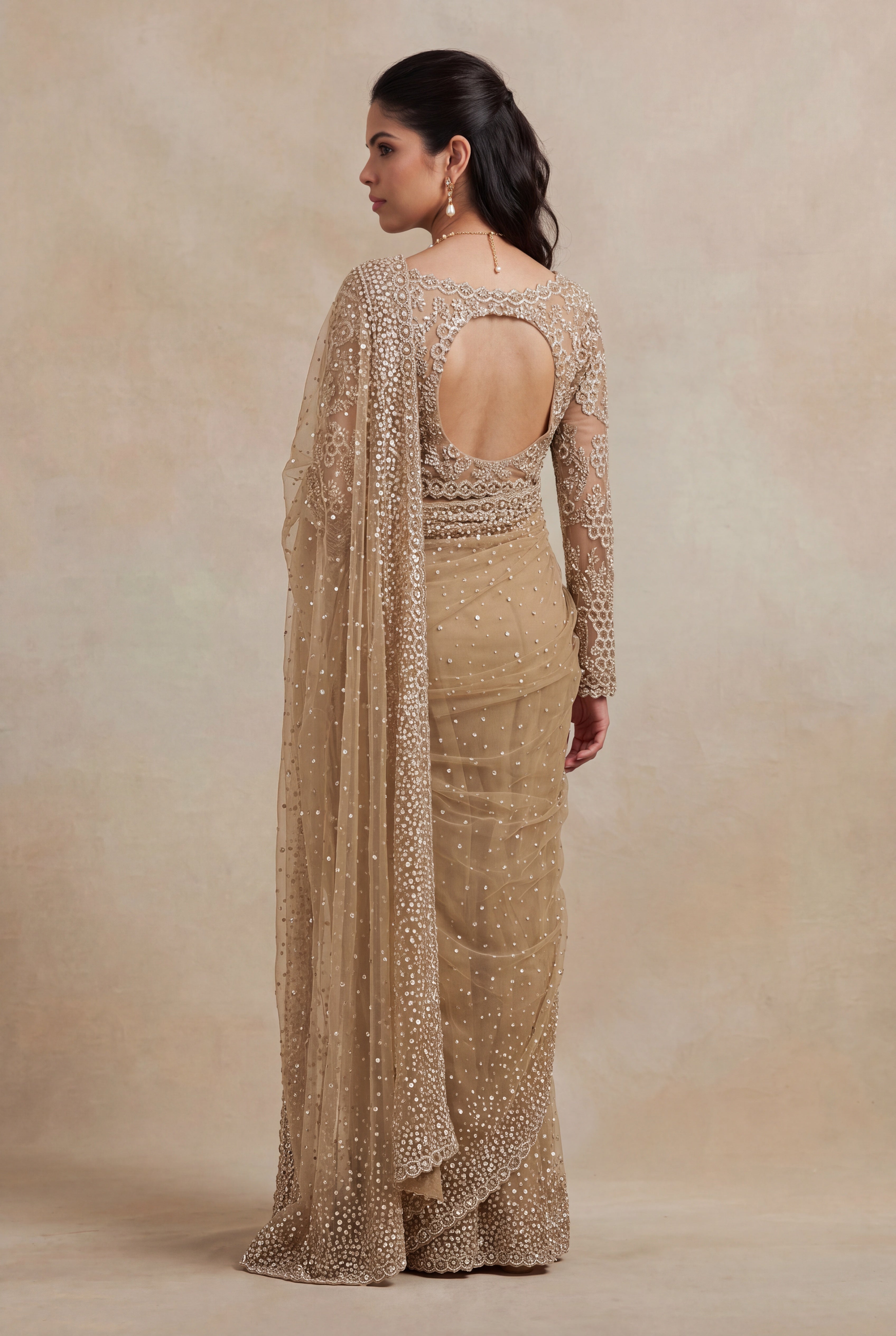 Champagne Beige Net Designer Saree