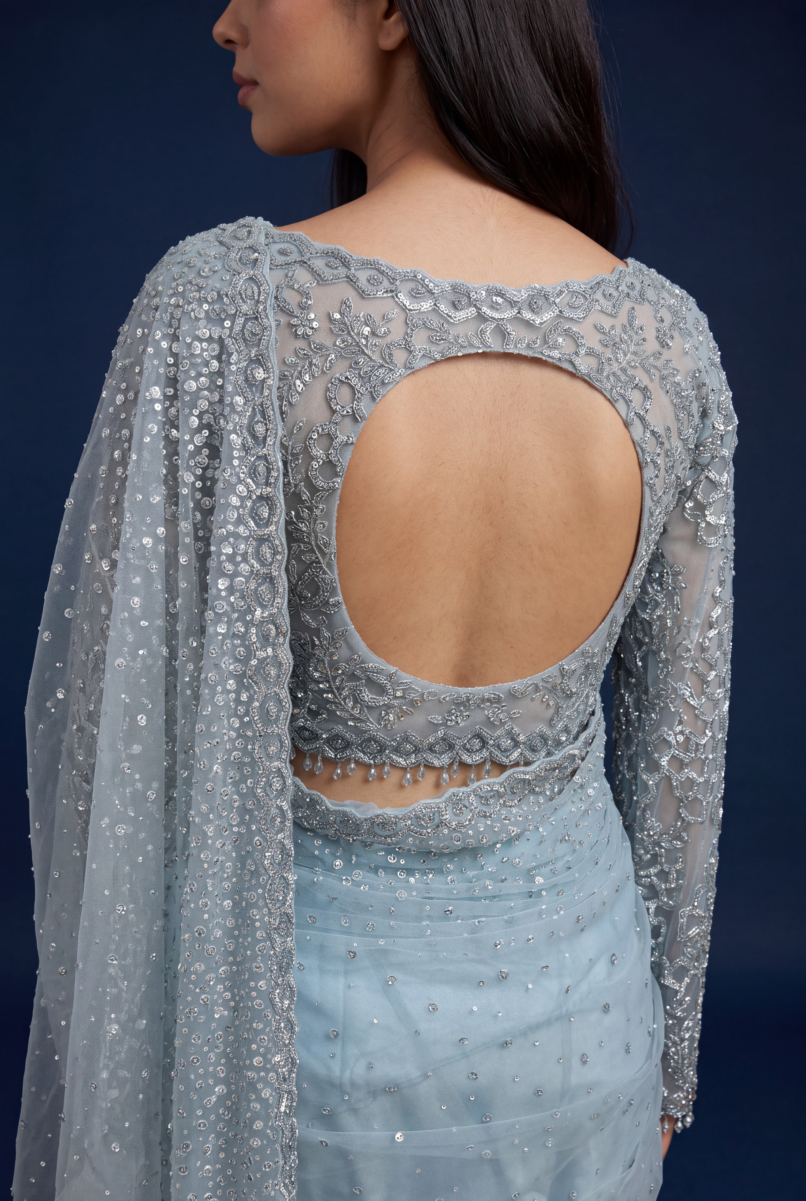Ice Blue Net Designer Saree