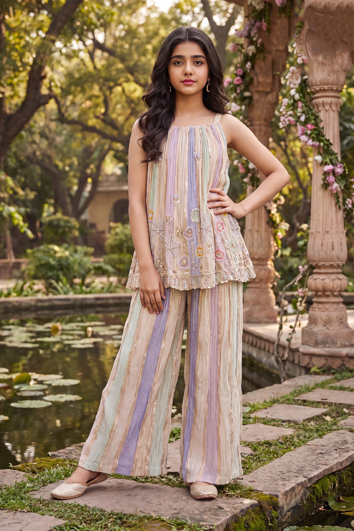 Pastel Multicolour Banaras Tissue Embroidered Top with Palazzo Pants