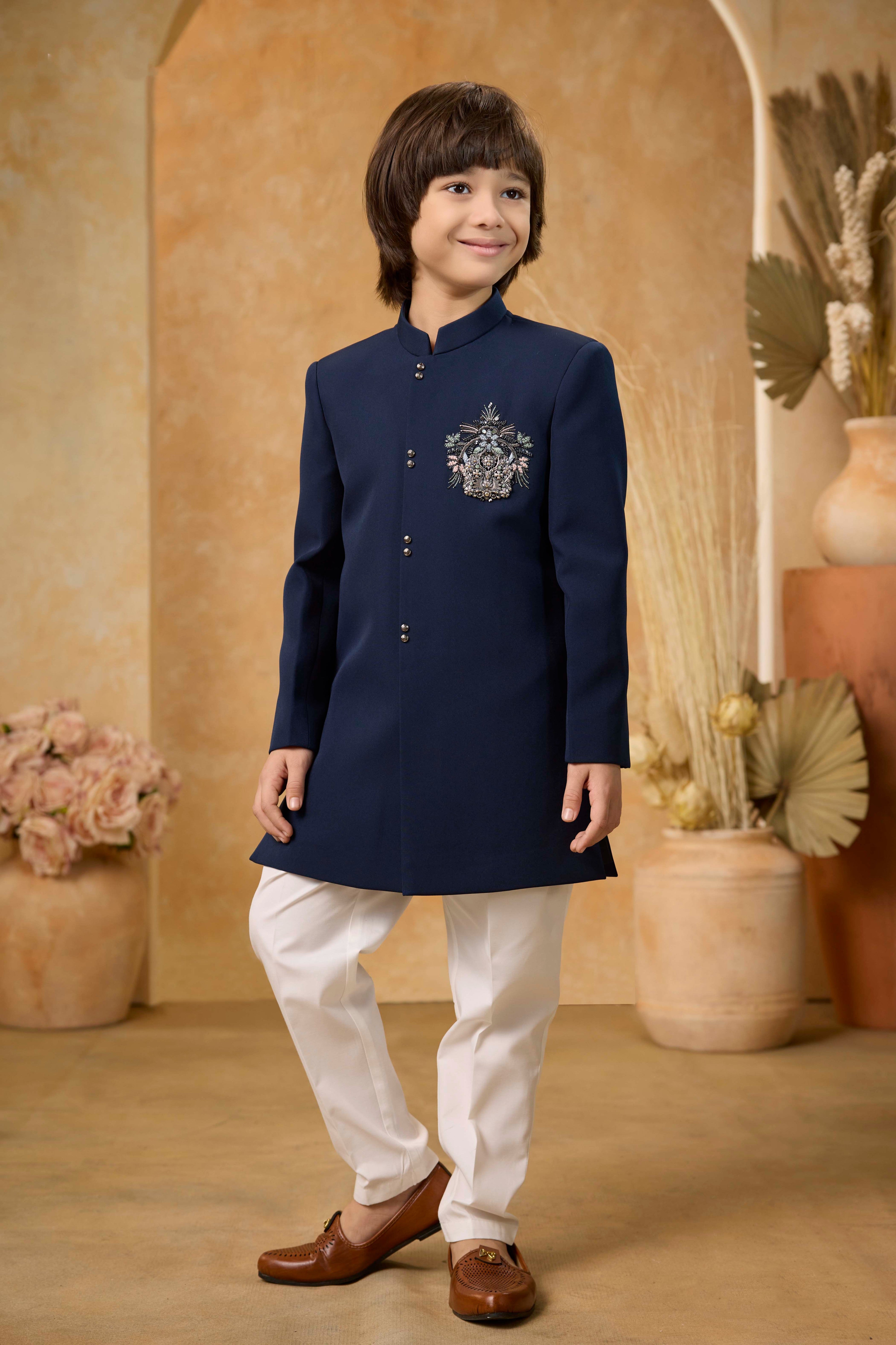 Boys Navy Blue Jodhpuri Suit with Embroidered Crest