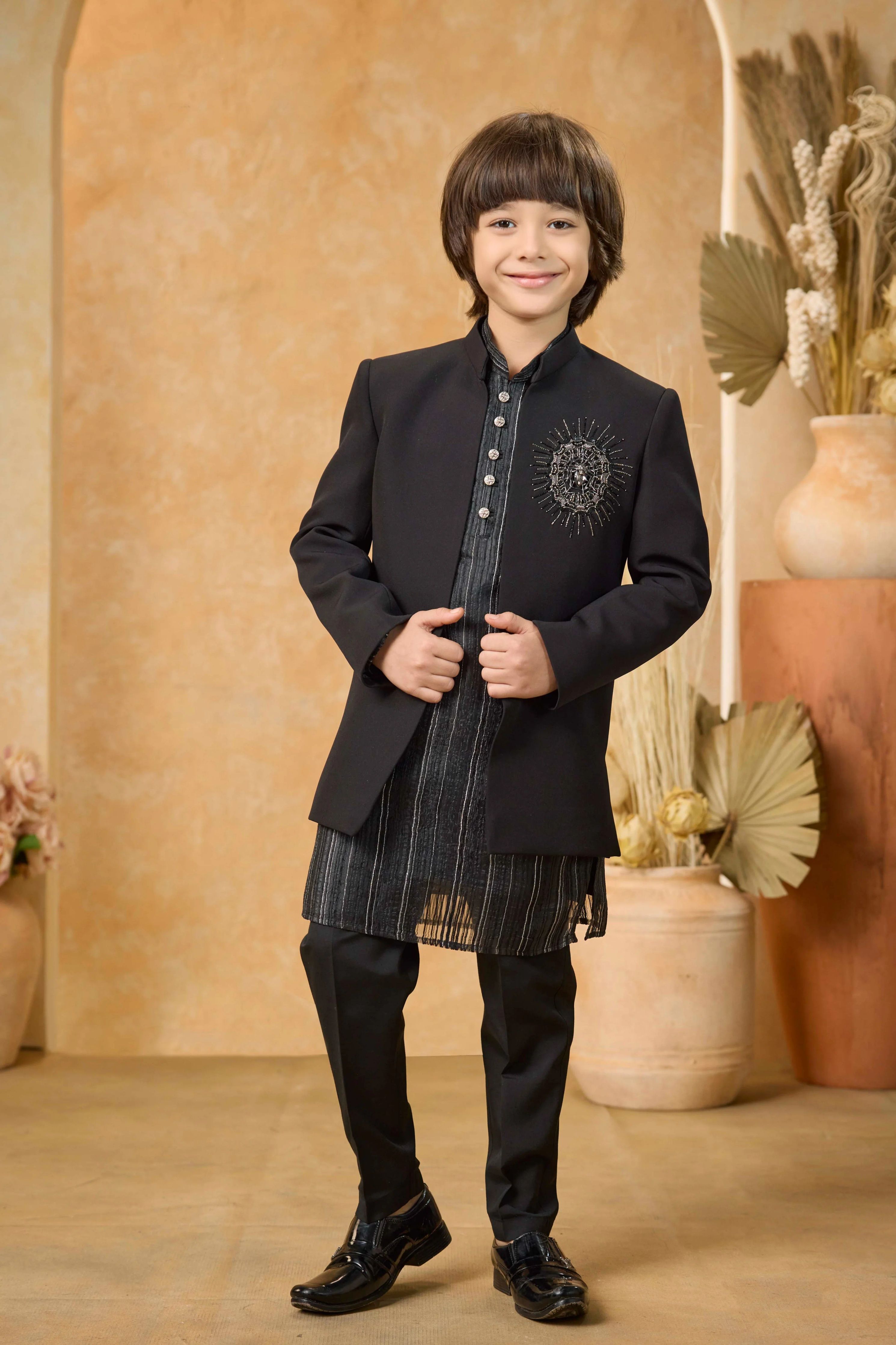 Black Boys Indo-western Set with Embroidered Brooch Jacket - Mokshaa