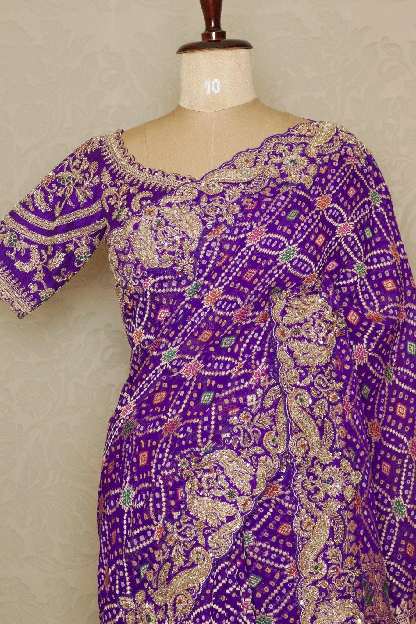 Purple Bandhani Banarasi Georgette Saree with Zardozi Border.