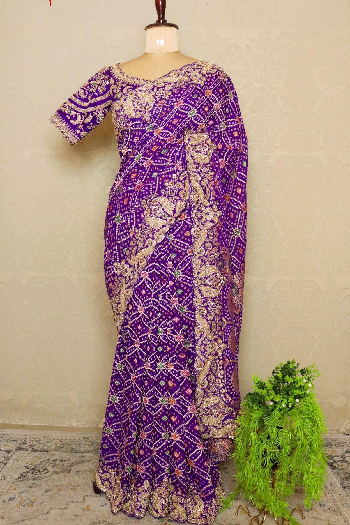 Purple Bandhani Banarasi Georgette Saree with Zardozi Border.