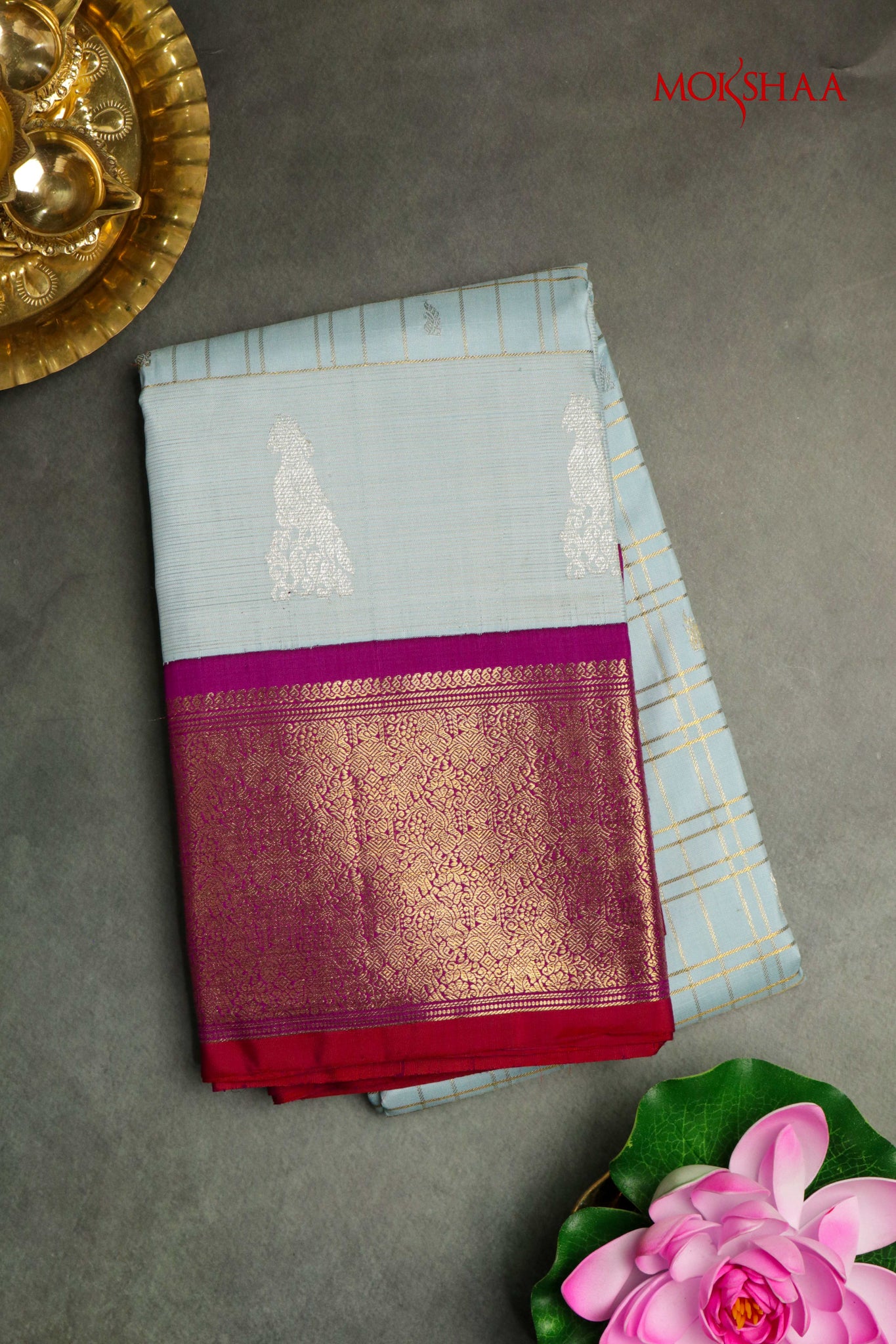 Sea Blue Kanchivaram Silk Saree with Contrast Border
