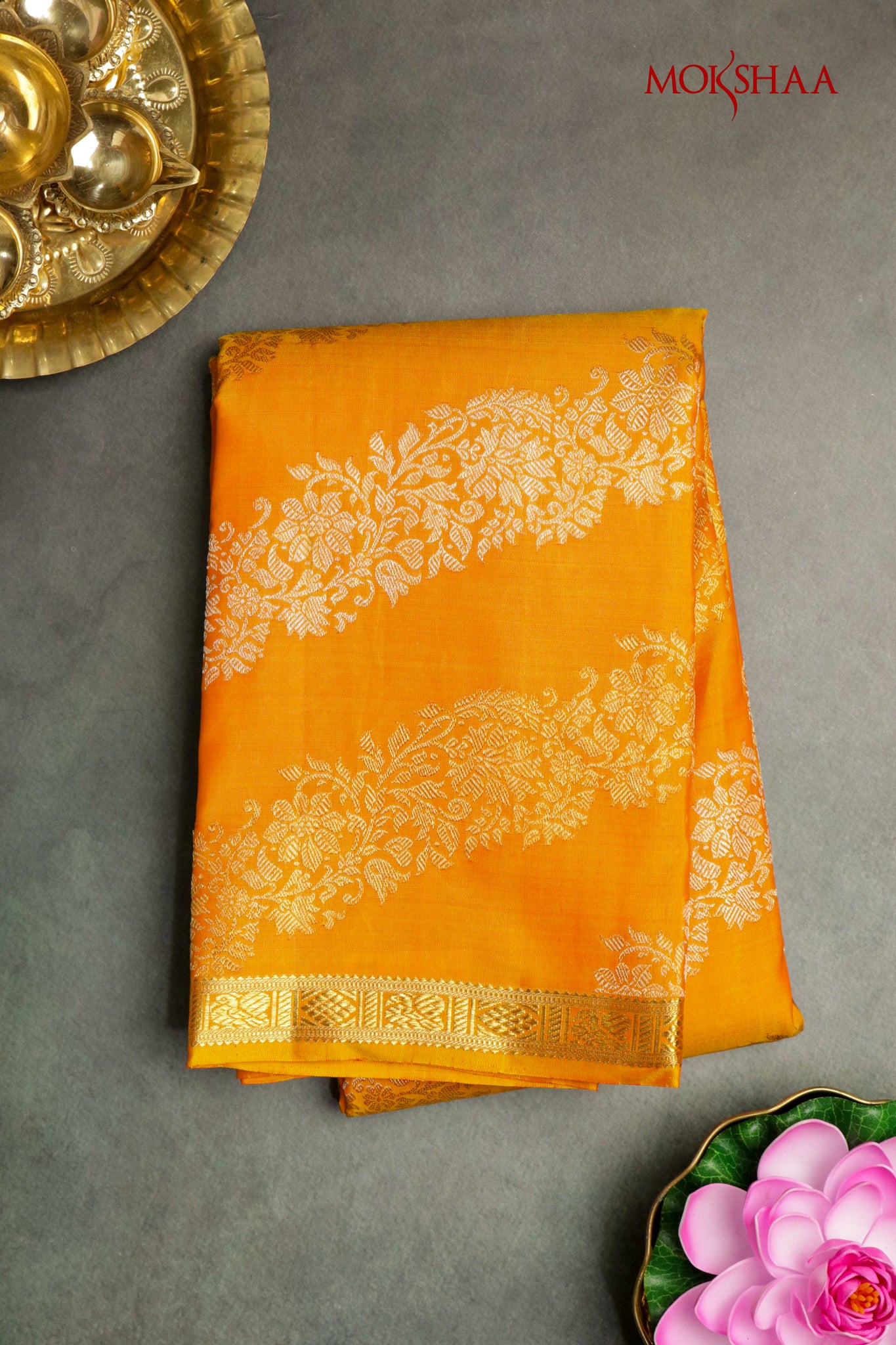 Mango Yellow Kanchivaram Silk Saree with Gold & Silver Stripes