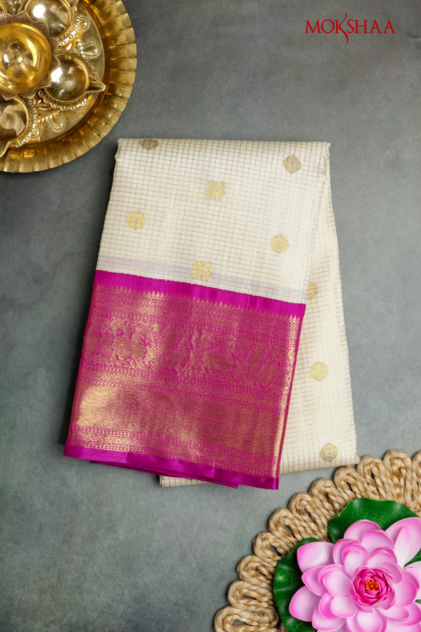 Off White Kanchivaram Silk Saree with Golden Buttis & Contrast Pink Zari Border