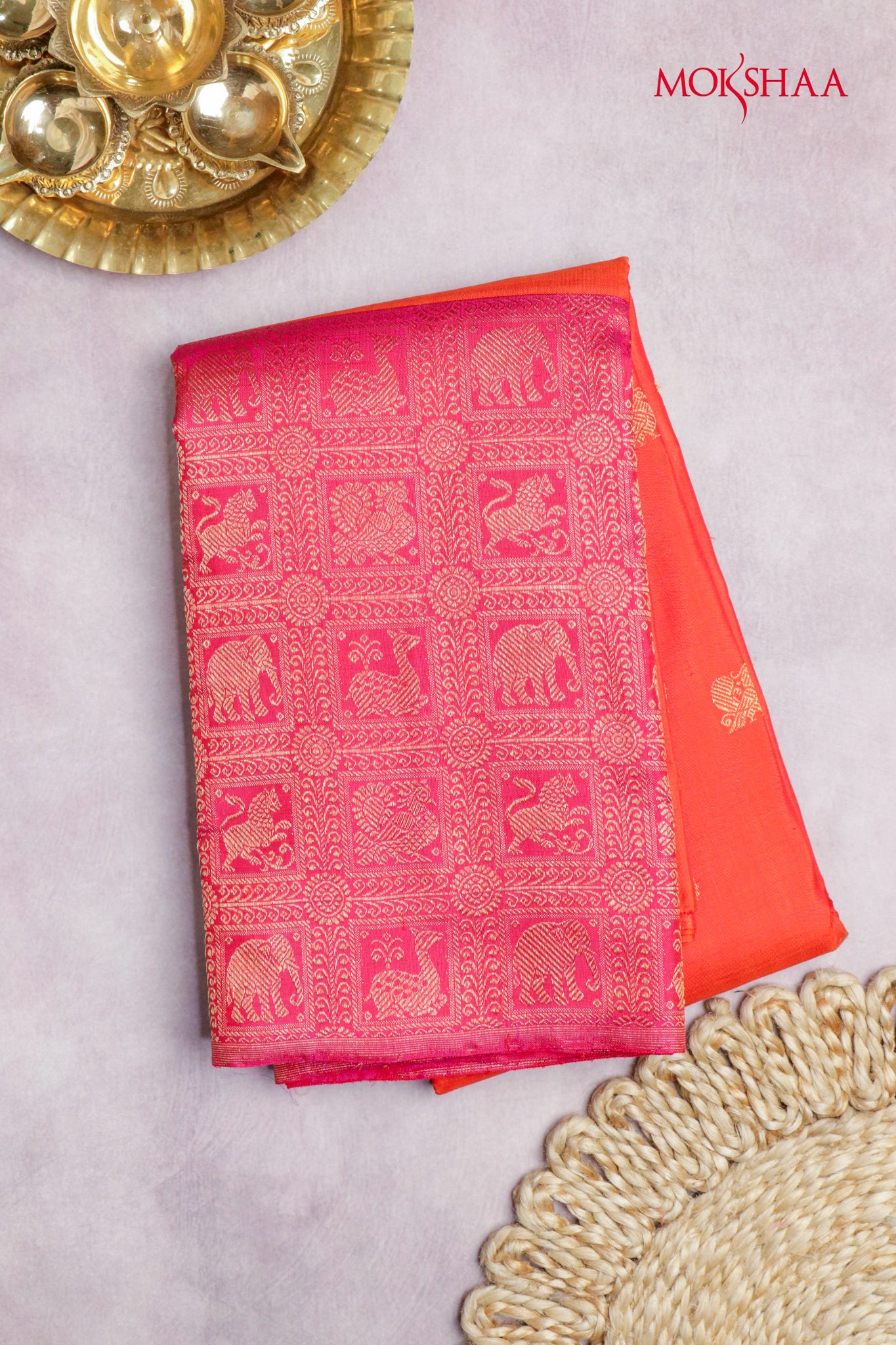 Orange Kanchivaram Silk Saree with Butta & Contrast Vanasingaram Border
