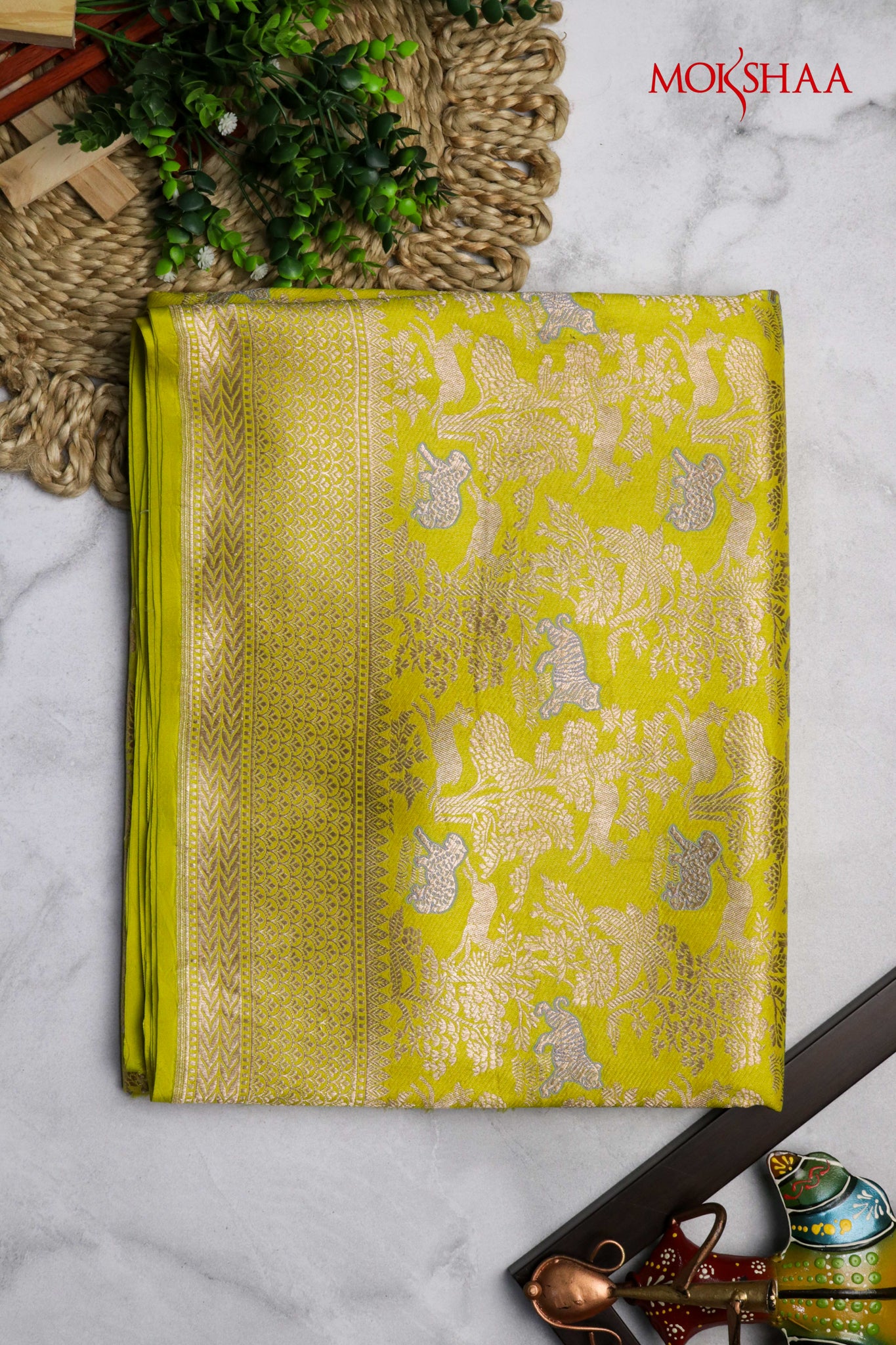Yellow Banarasi Animal Motif Silk Saree