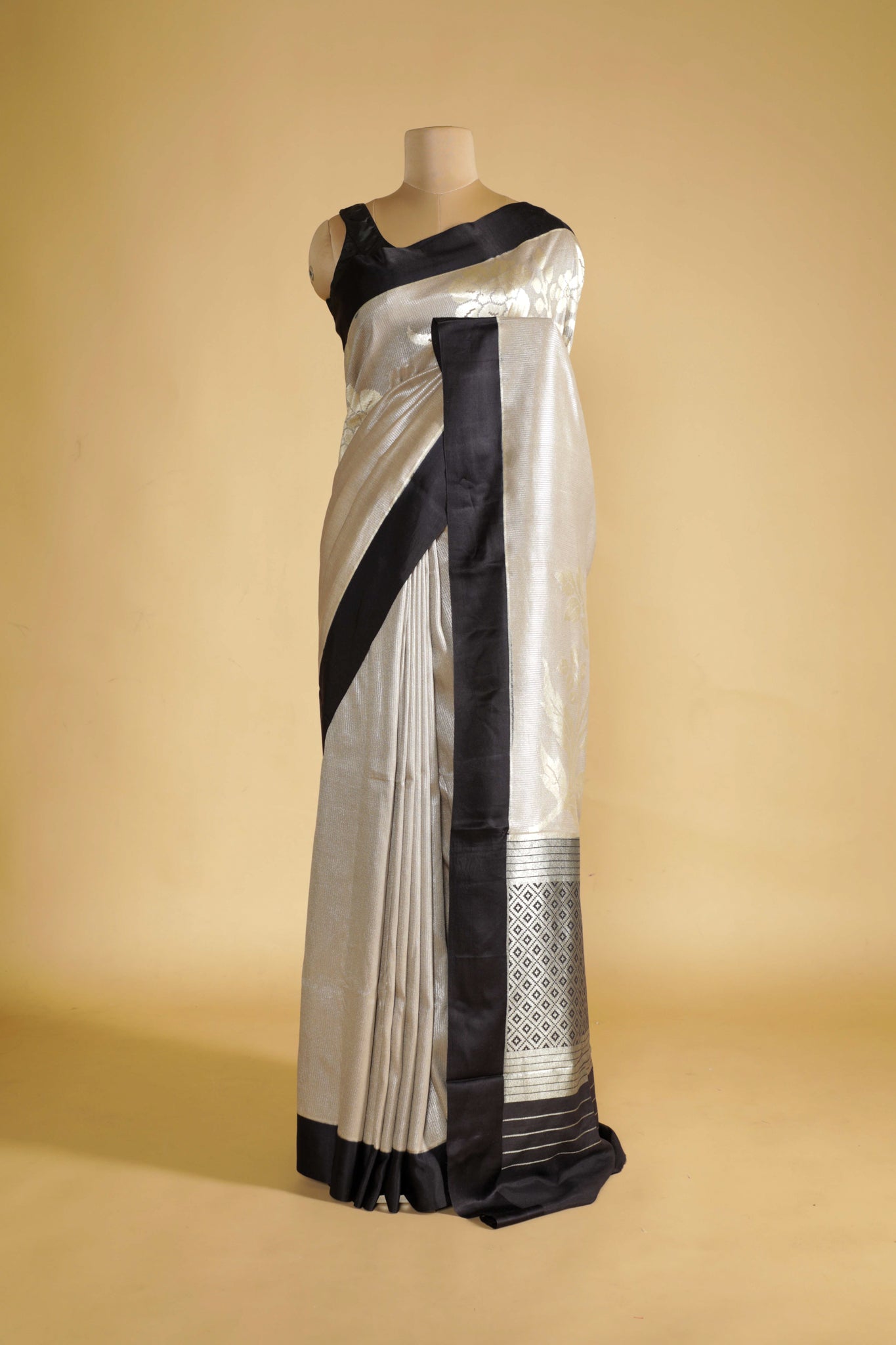 Off White Handloom Silk Saree with Silver Zari Weaving