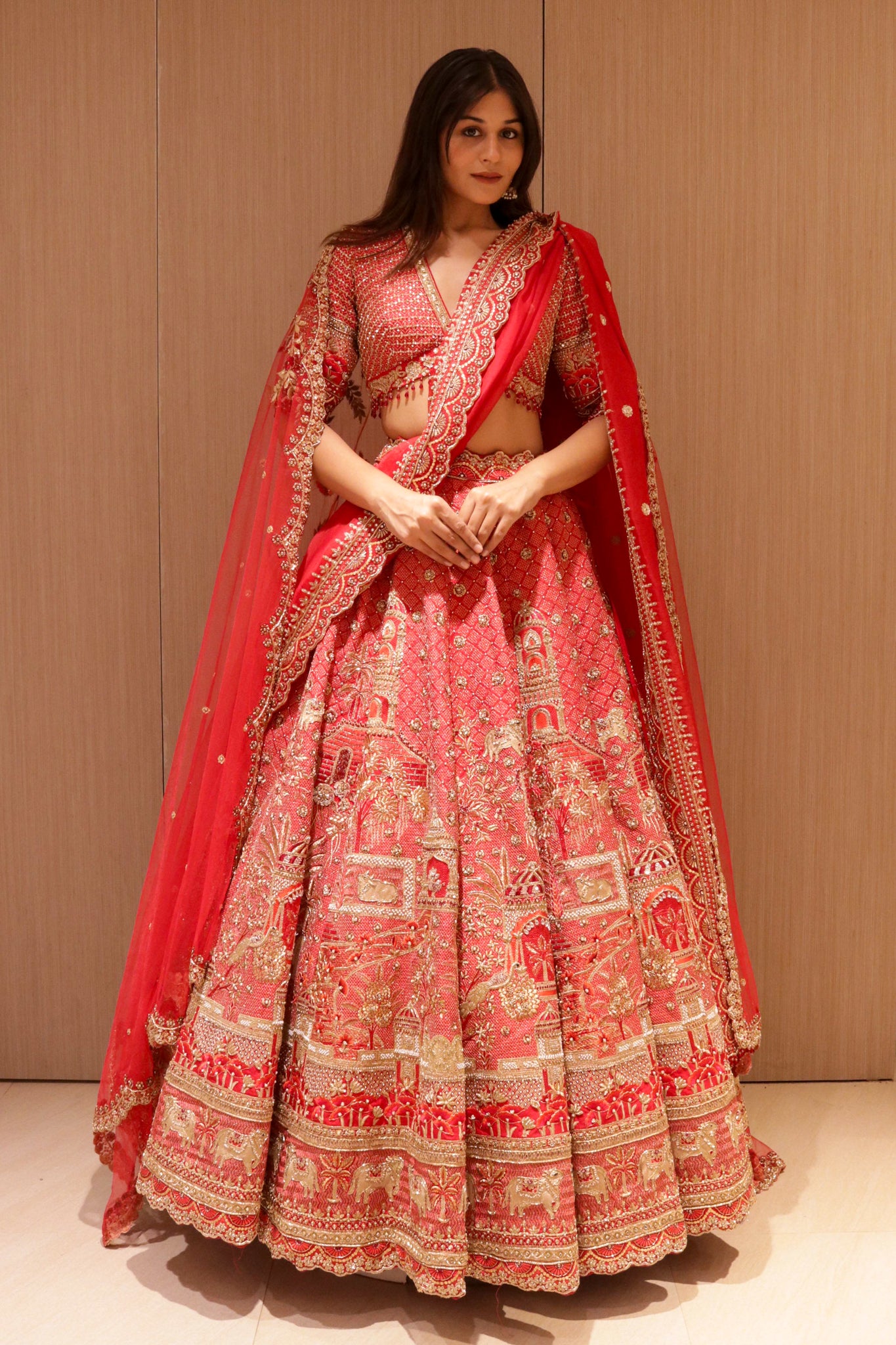 Red Raw Silk Bridal Lehenga with Zardozi and Sequin Embroidery