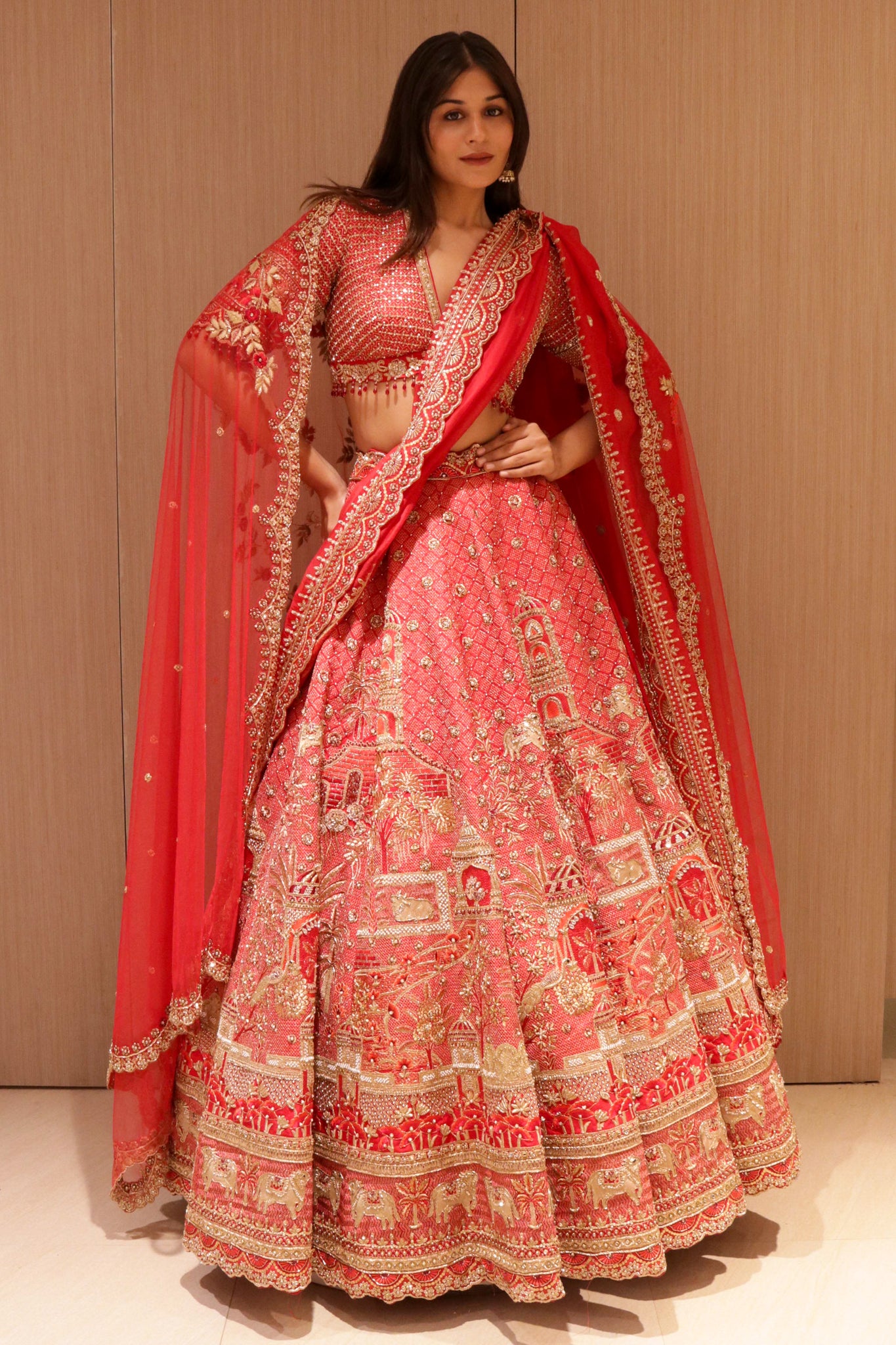 Red Raw Silk Bridal Lehenga with Zardozi and Sequin Embroidery