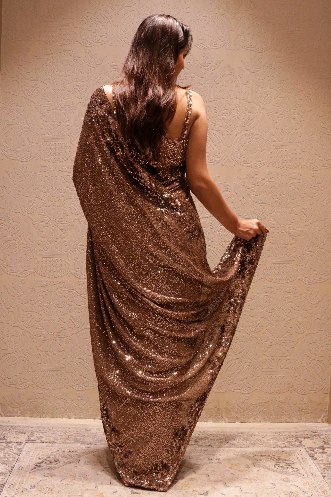 Brown Georgette Sequins Saree with All-Over Self Sequins Work
