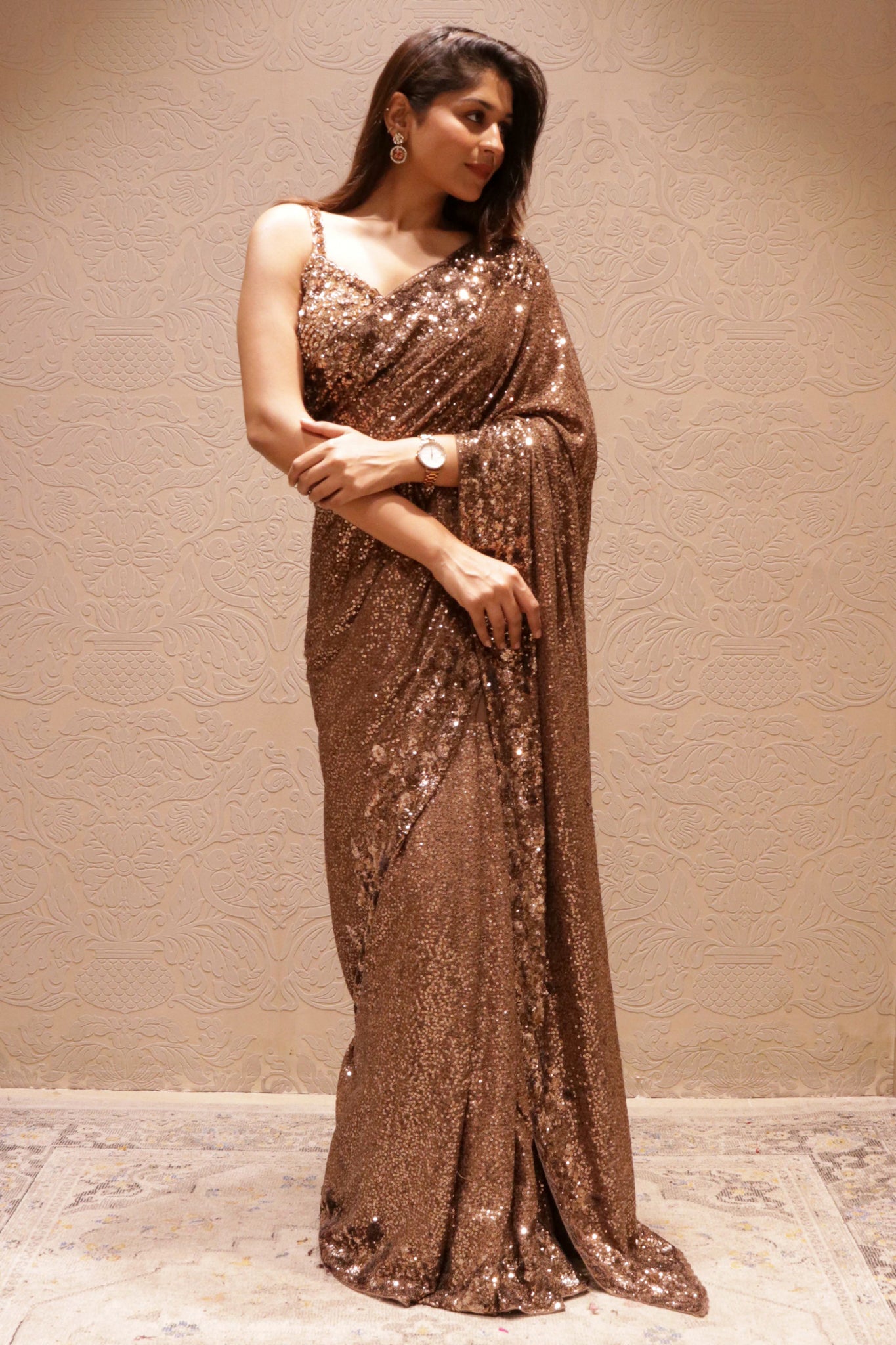 Brown Georgette Sequins Saree with All-Over Self Sequins Work