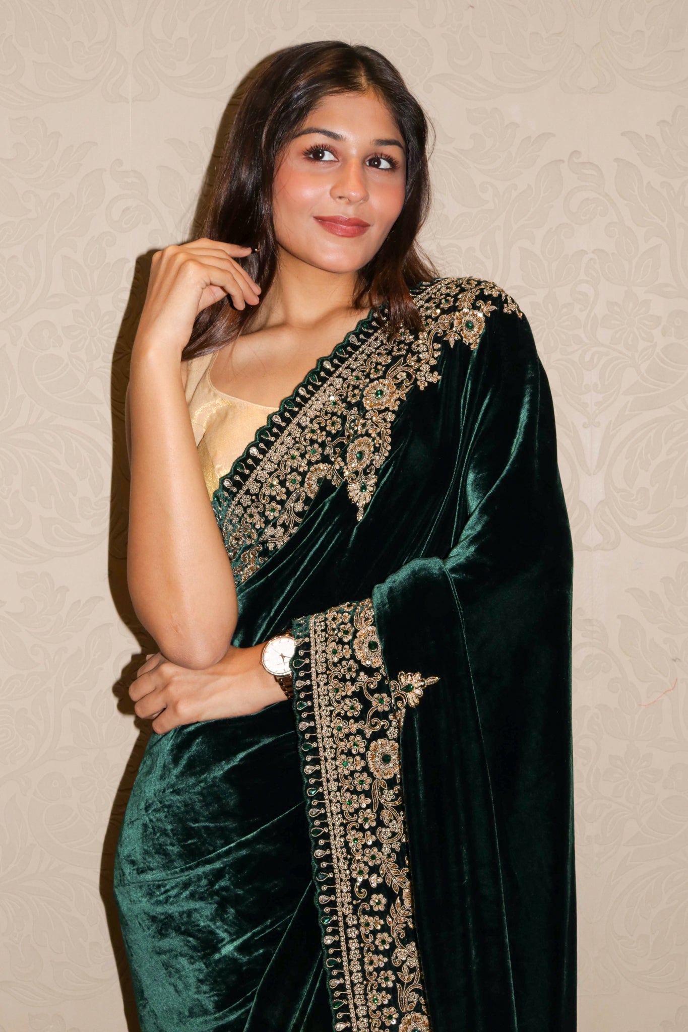 Bottle Green Velvet Saree with Zardozi, Beads & Kundan Work