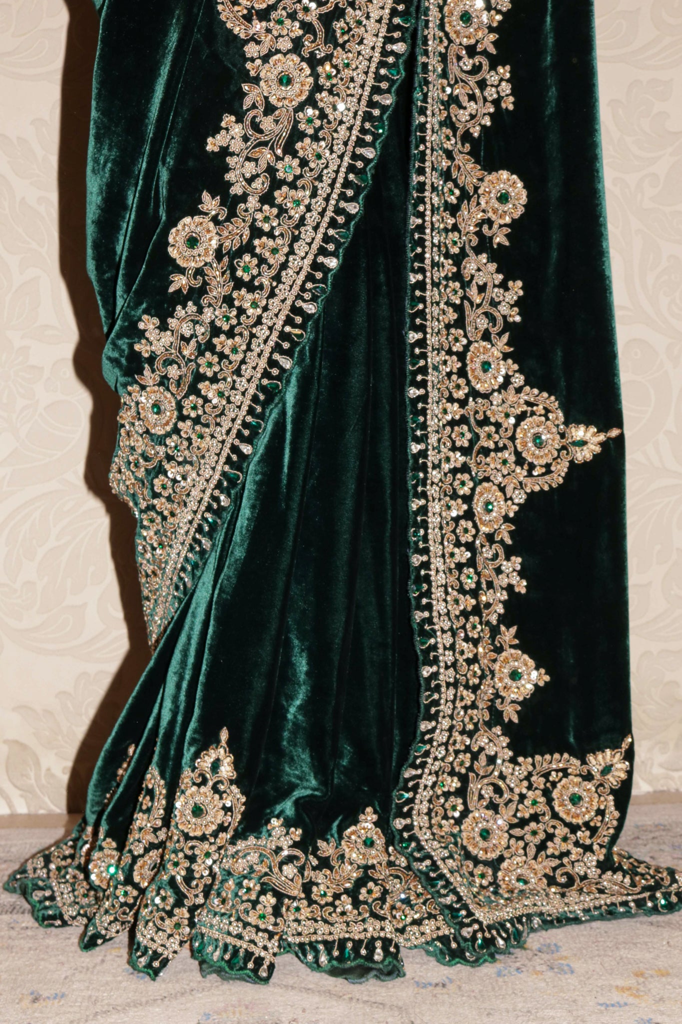 Bottle Green Velvet Saree with Zardozi, Beads & Kundan Work