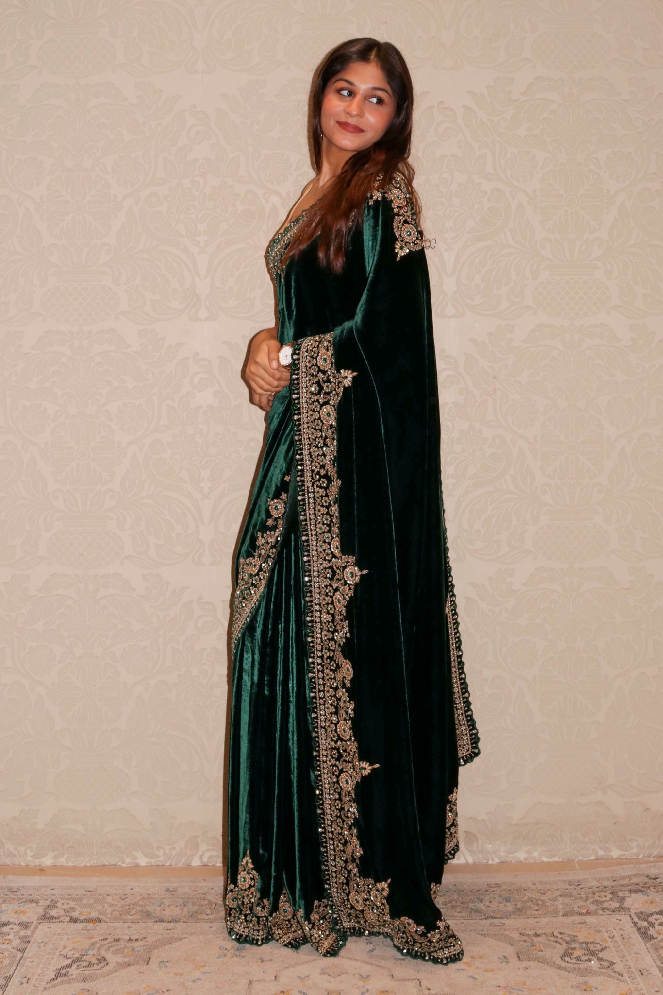 Bottle Green Velvet Saree with Zardozi, Beads & Kundan Work