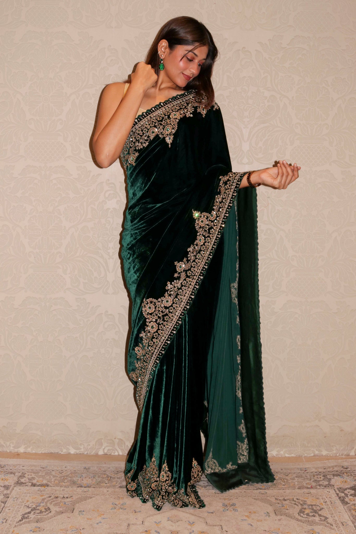 Bottle Green Velvet Saree with Zardozi, Beads & Kundan Work