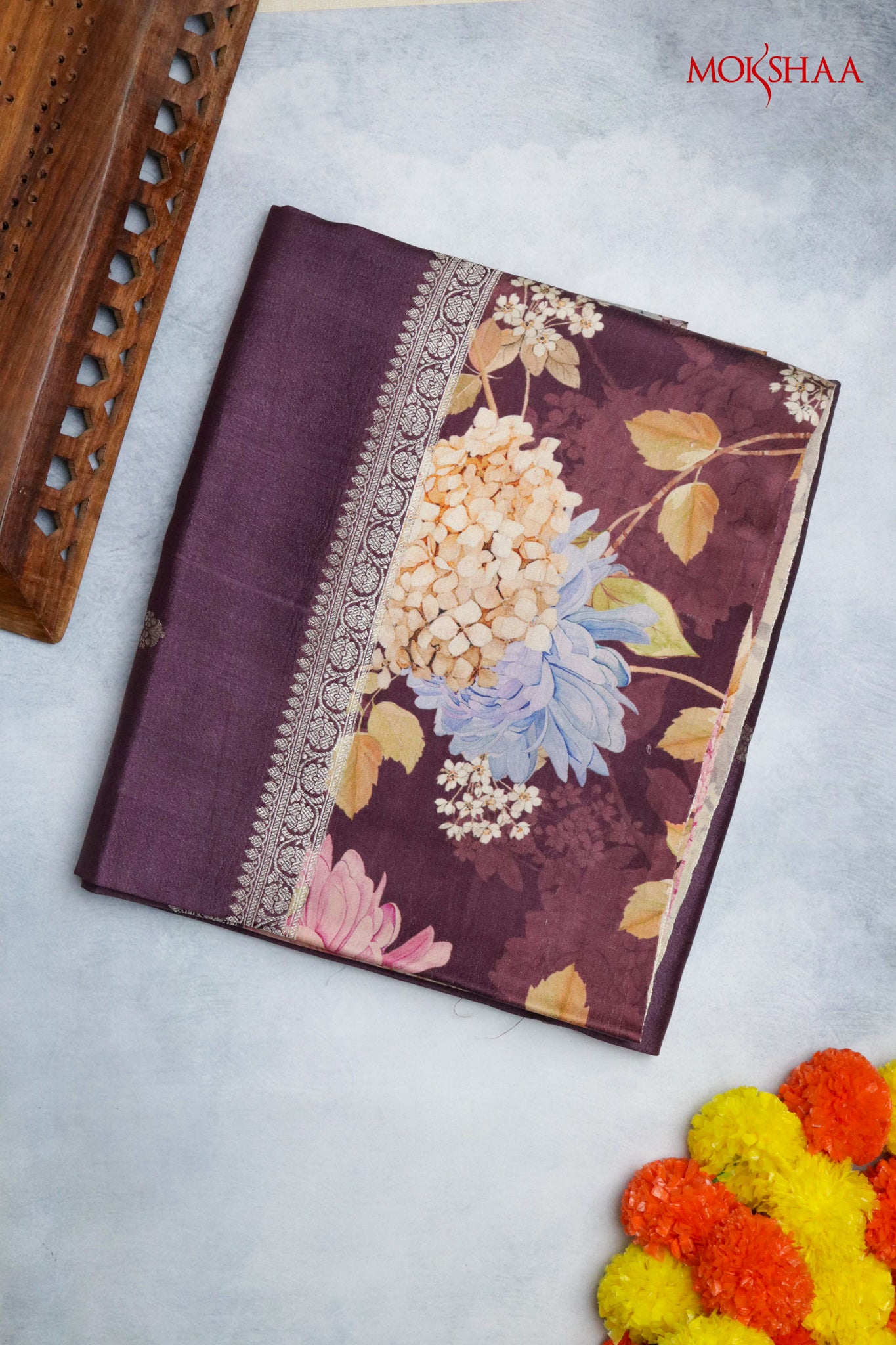 Wine Tussar Silk Saree with Silver Zari Motifs & Printed Border