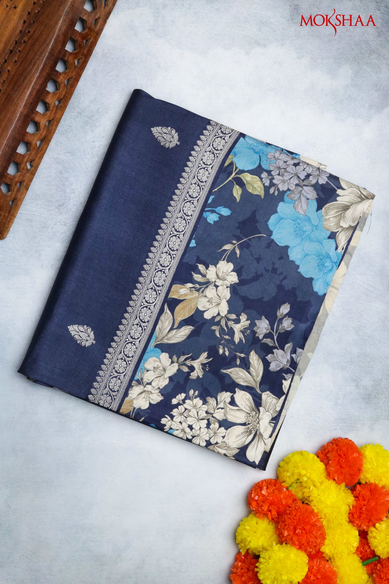 Dark Blue Tussar Silk Saree with Silver Zari Motifs & Satin Printed Border