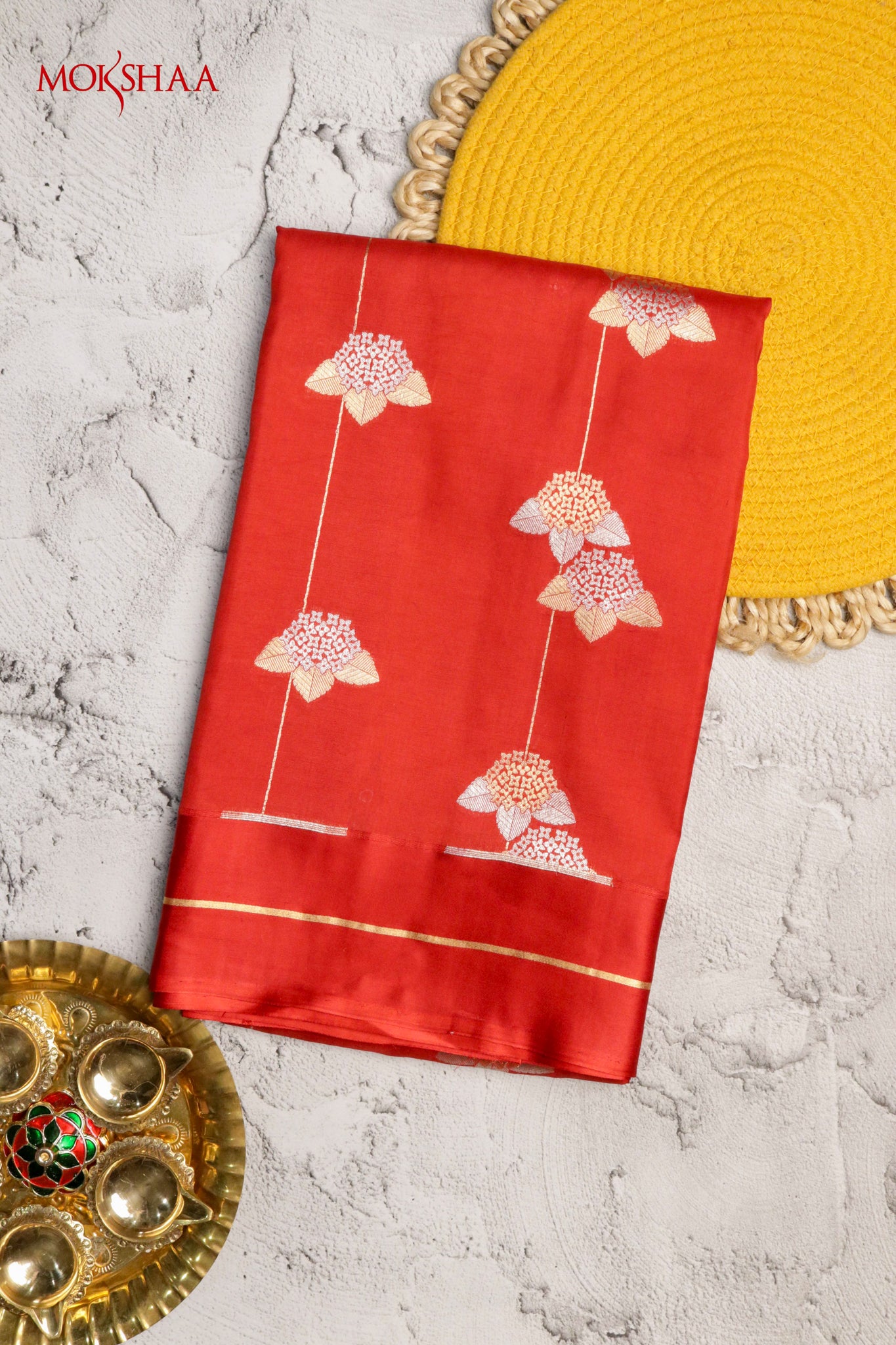 Rust Banarasi Silk Saree with Gold & Silver Zari Buttas