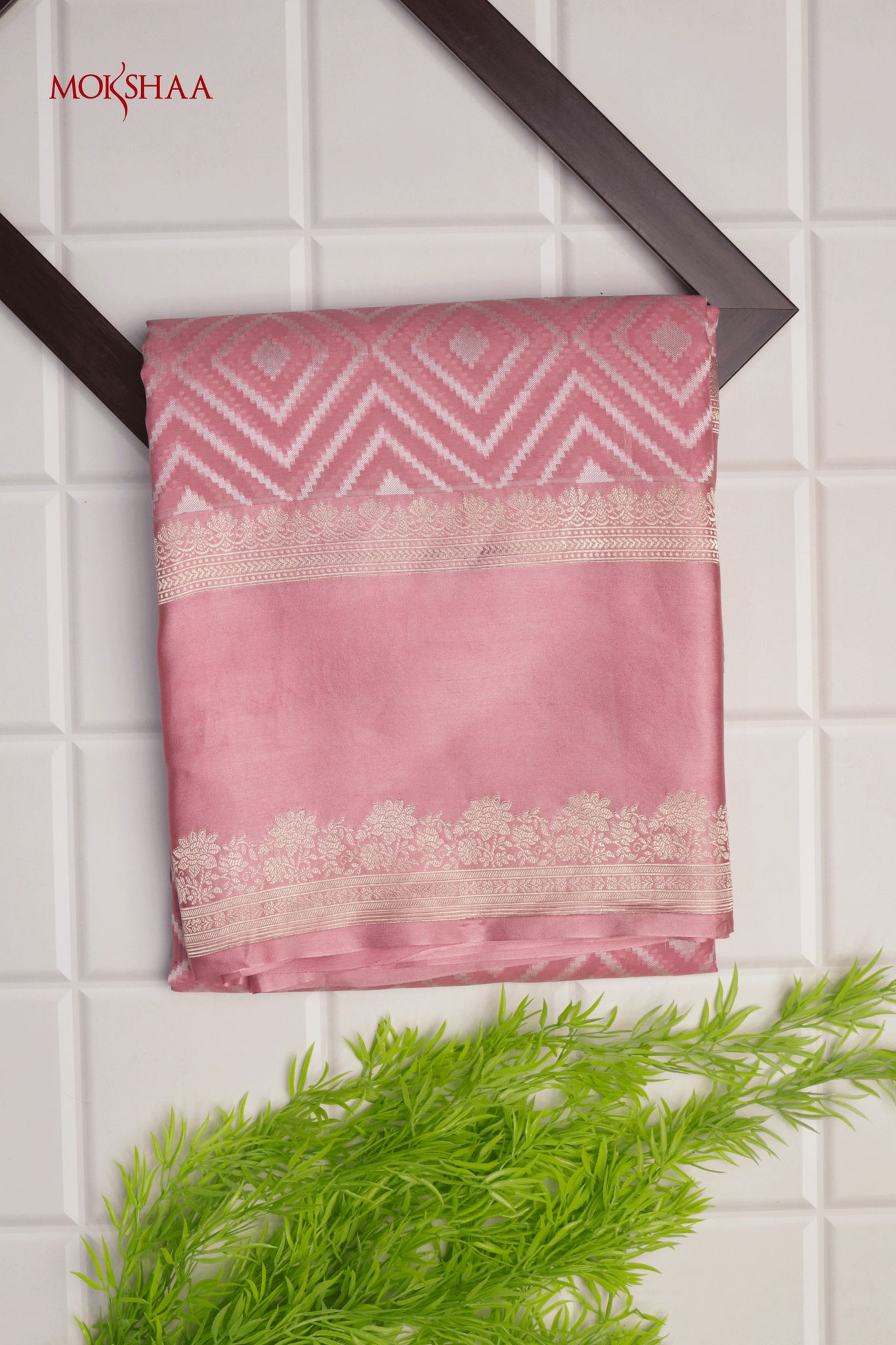 Baby Pink Banarasi Kora Saree with Geometric Weave & Satin Border