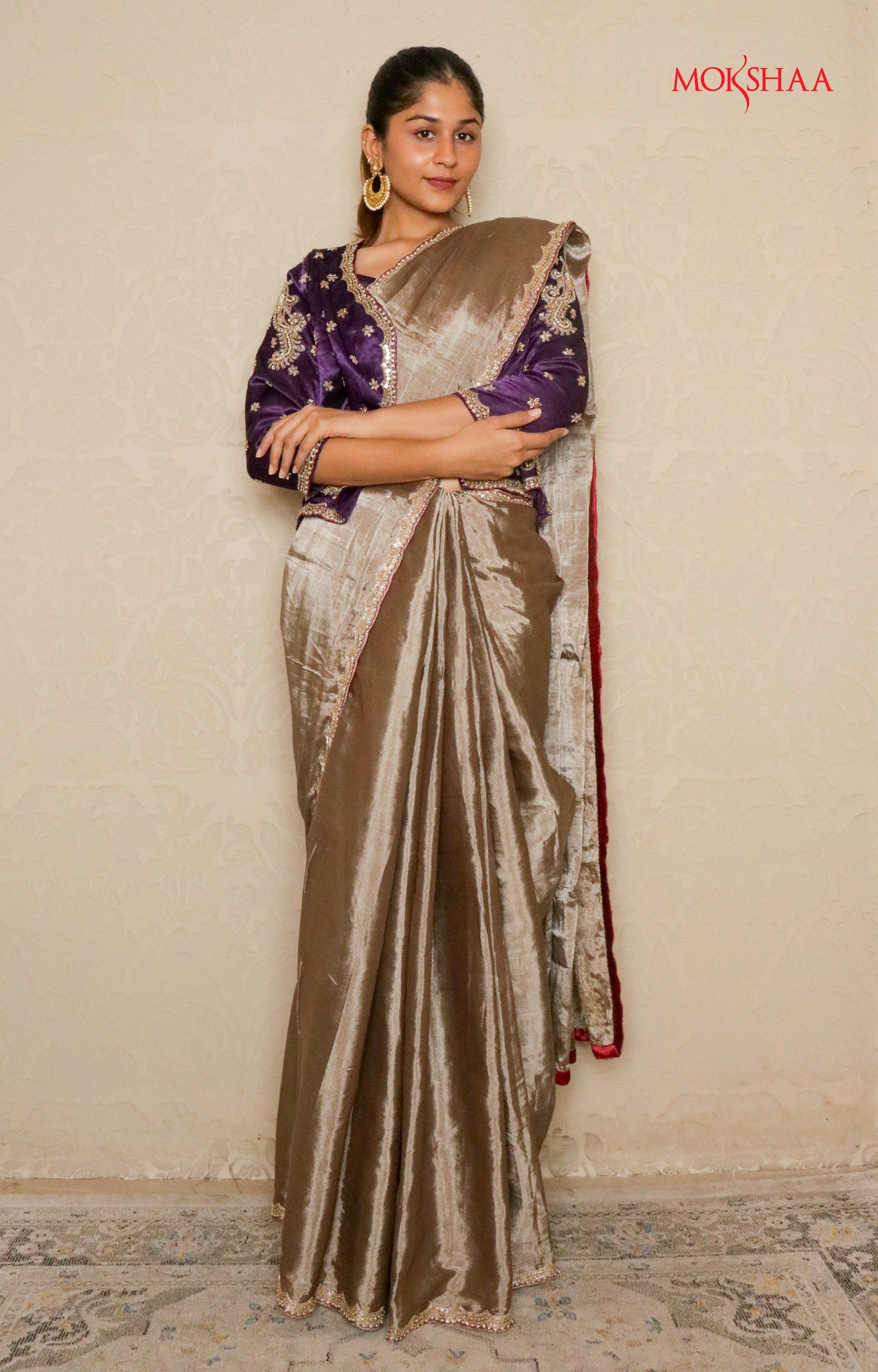 Silver Tissue Silk Saree with Purple Blouse