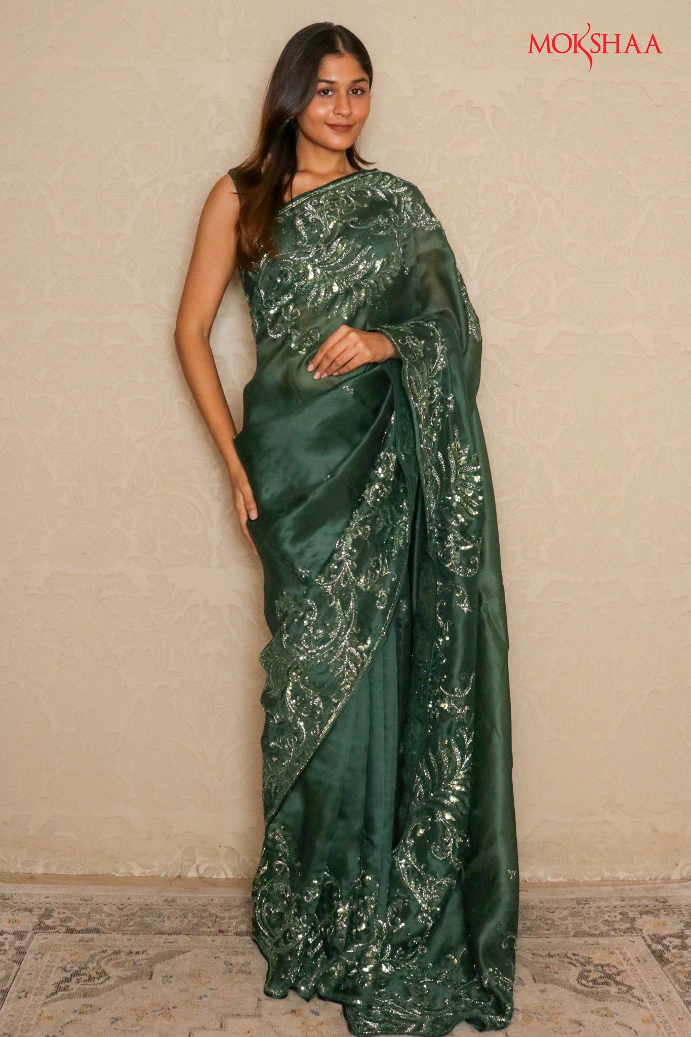 Emerald Green Organza Saree with Sequin & Bead Embroidery