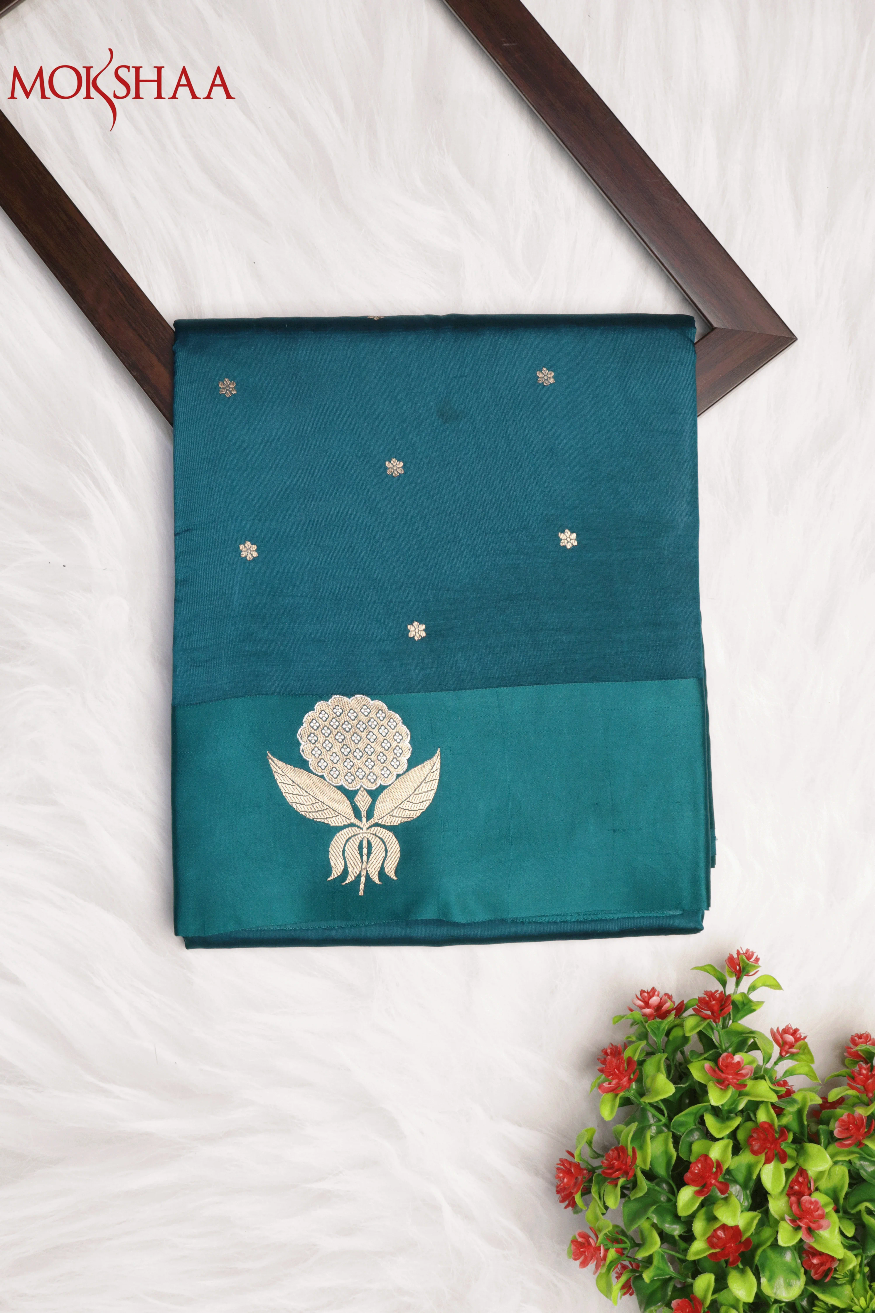 Peacock Green Banarasi Chanderi Silk Saree with Gold & Silver Satin Border - Mokshaa