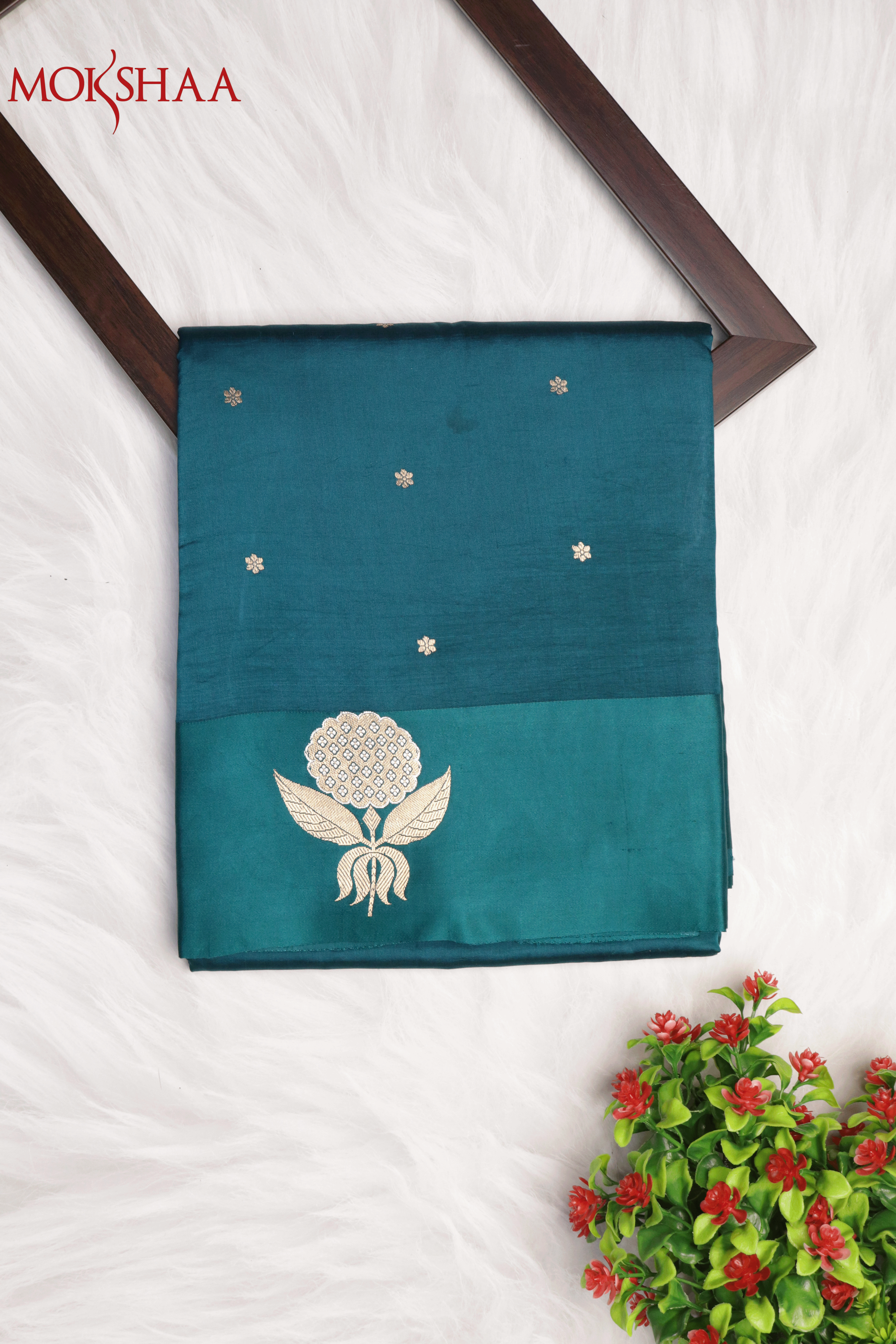 Peacock Green Banarasi Chanderi Silk Saree with Gold & Silver Satin Border