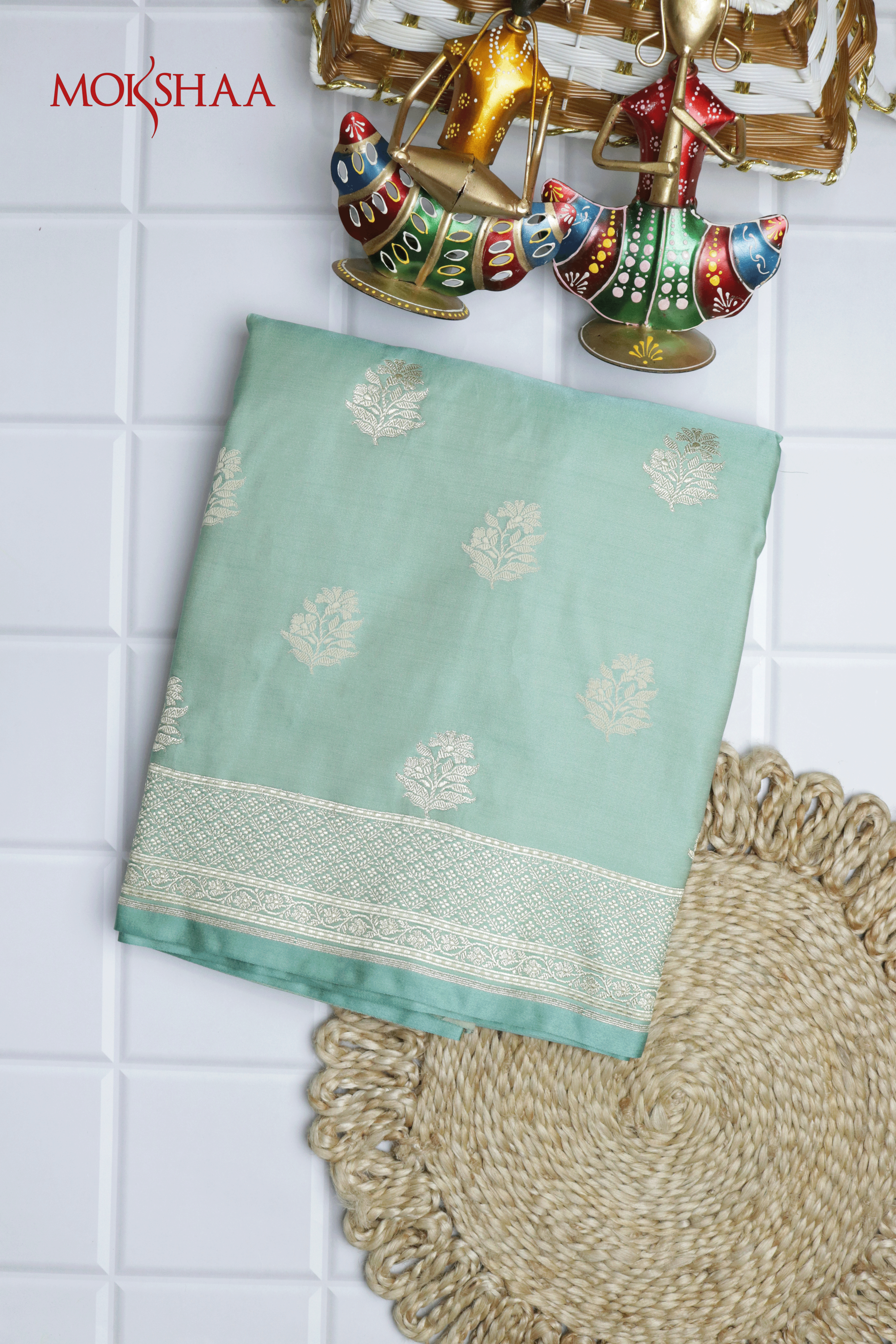 Sea Green Banarasi Semi Silk Saree with Zari Butti & Woven Border