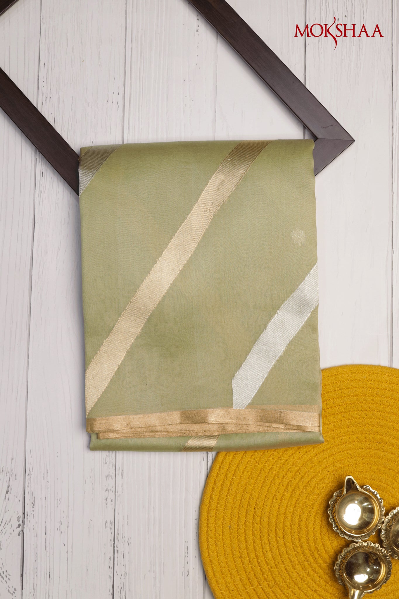 Pista Green Banarasi Kora Saree with Gold & Silver Stripes