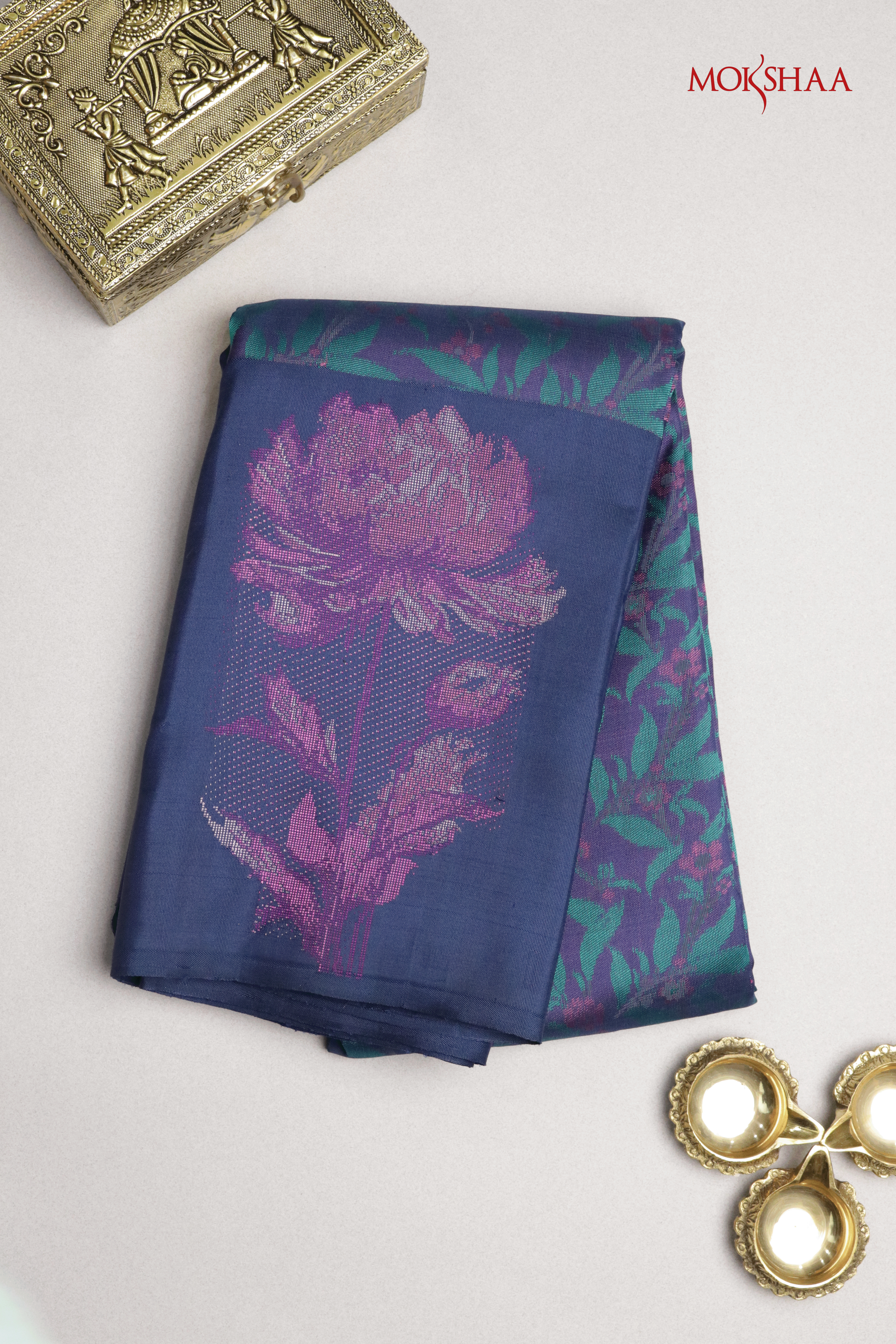 Navy Blue Kanchivaram Silk Saree with Floral Motifs