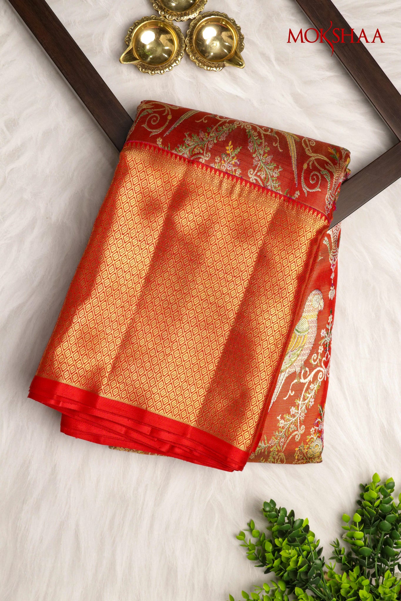 Rust Red Kanchivaram Tissue Silk Saree with Meena Weaving & Zari Border