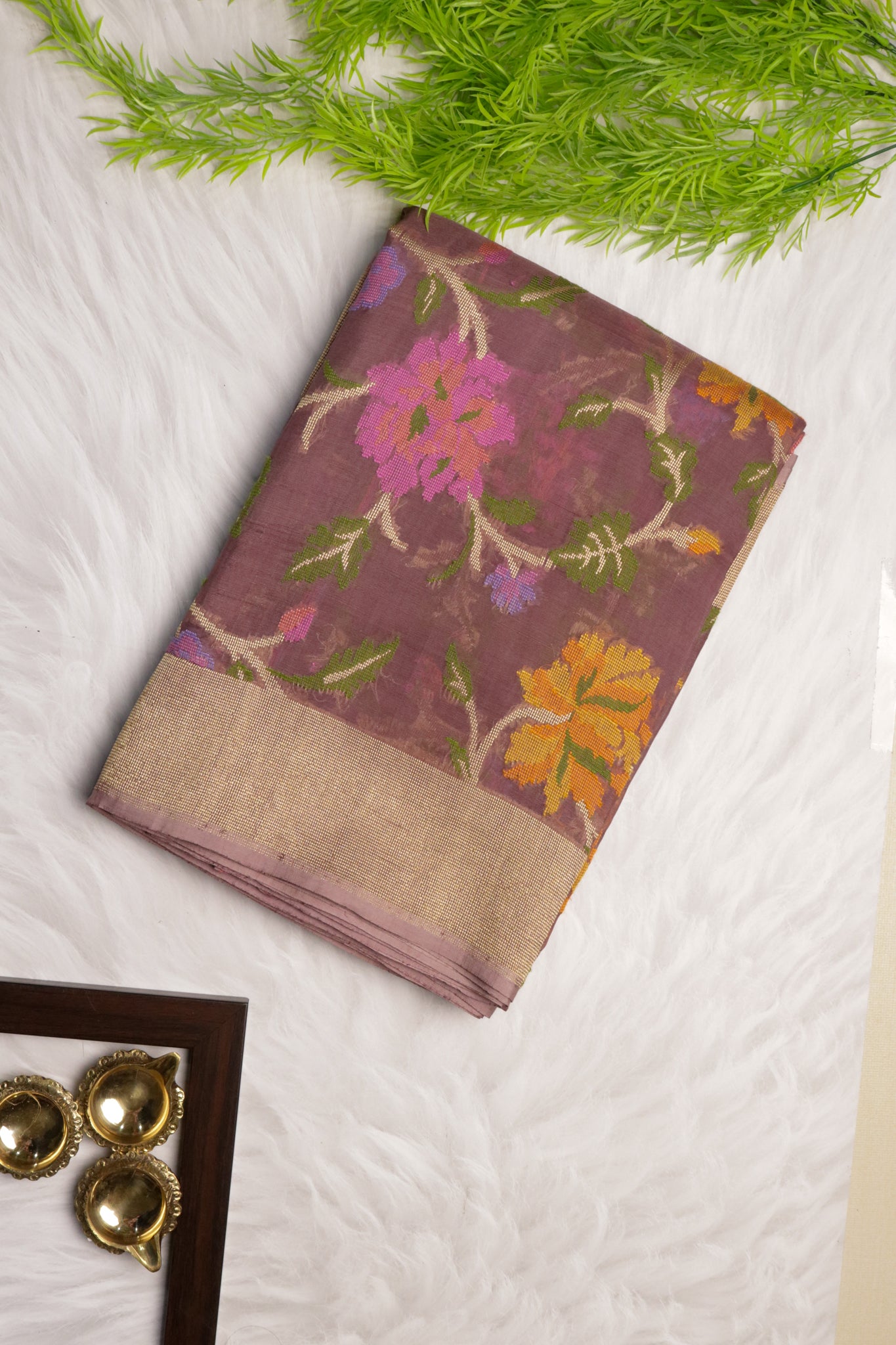 Violet Banarasi Kora Silk Saree with Zari & Multicolor Thread Jaal