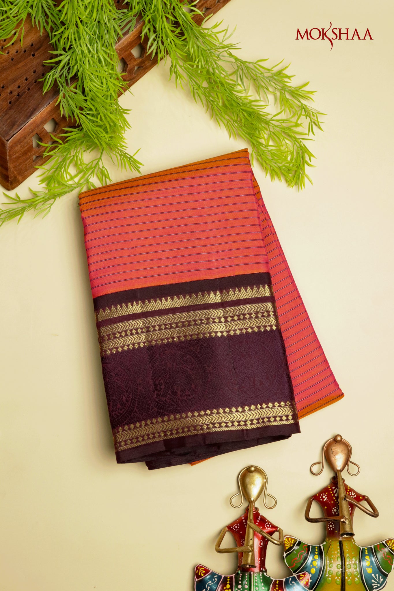Coral Orange Kanchivaram Silk Saree with Brown Border