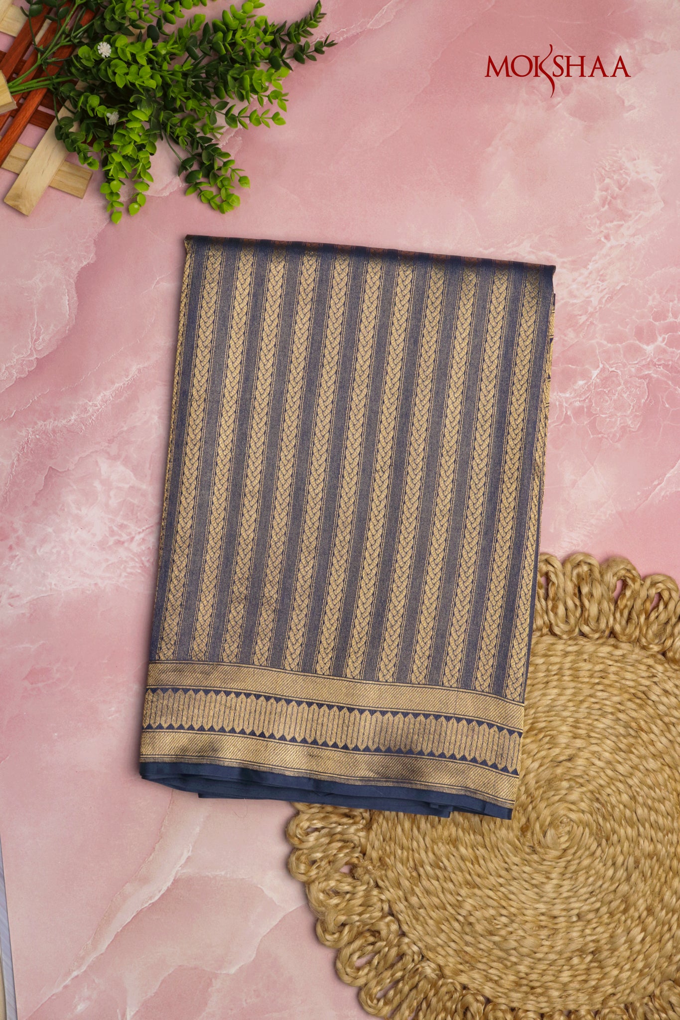 MS Blue Banarasi Silk Saree with Zari Stripes & Border