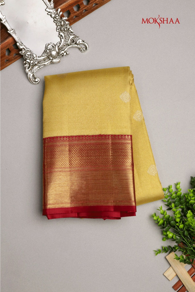Golden Kanchivaram Silk Saree with Red Border