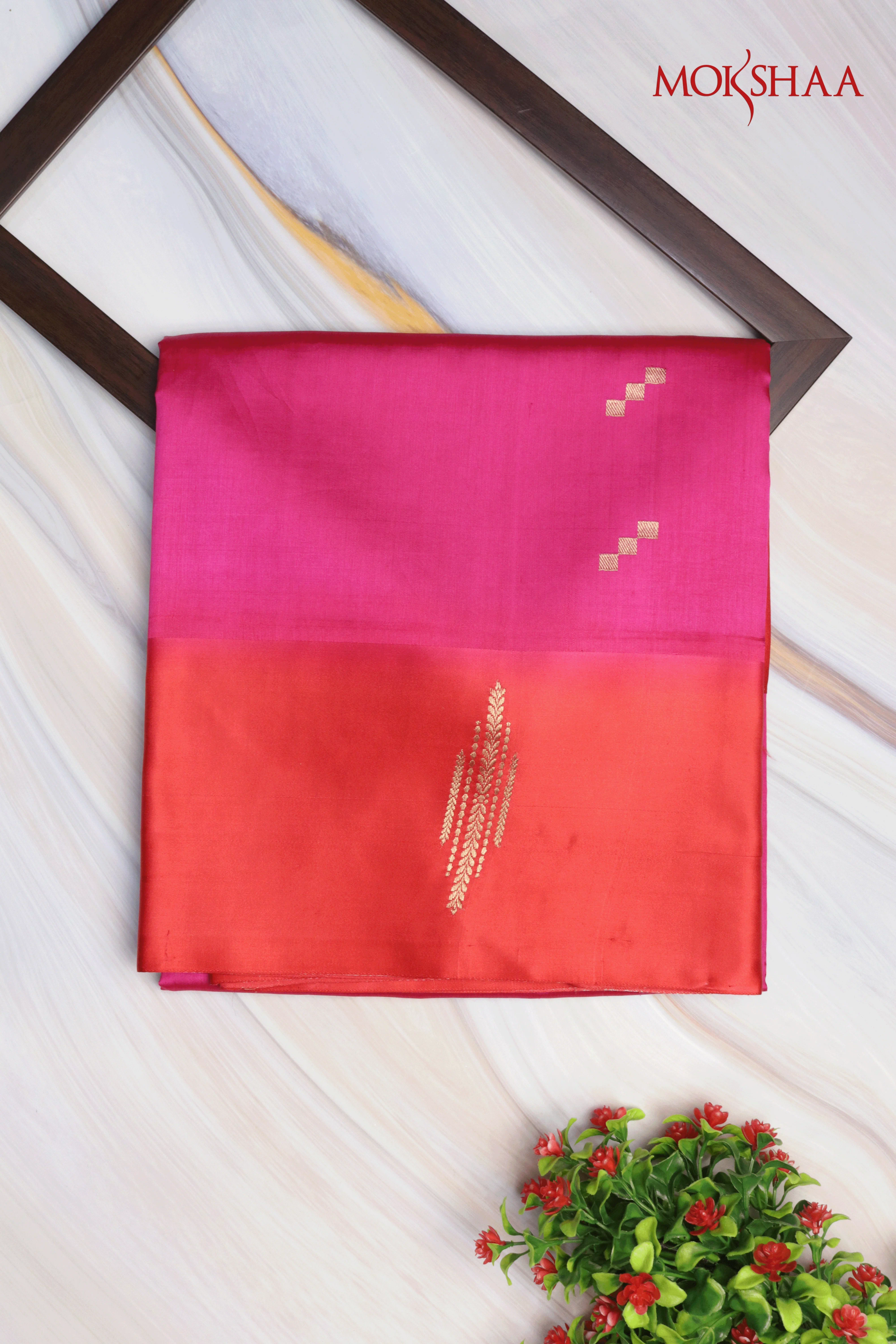 Rani Pink Banarasi Chanderi Silk Saree with Red Satin Border & Gold Motifs - Mokshaa