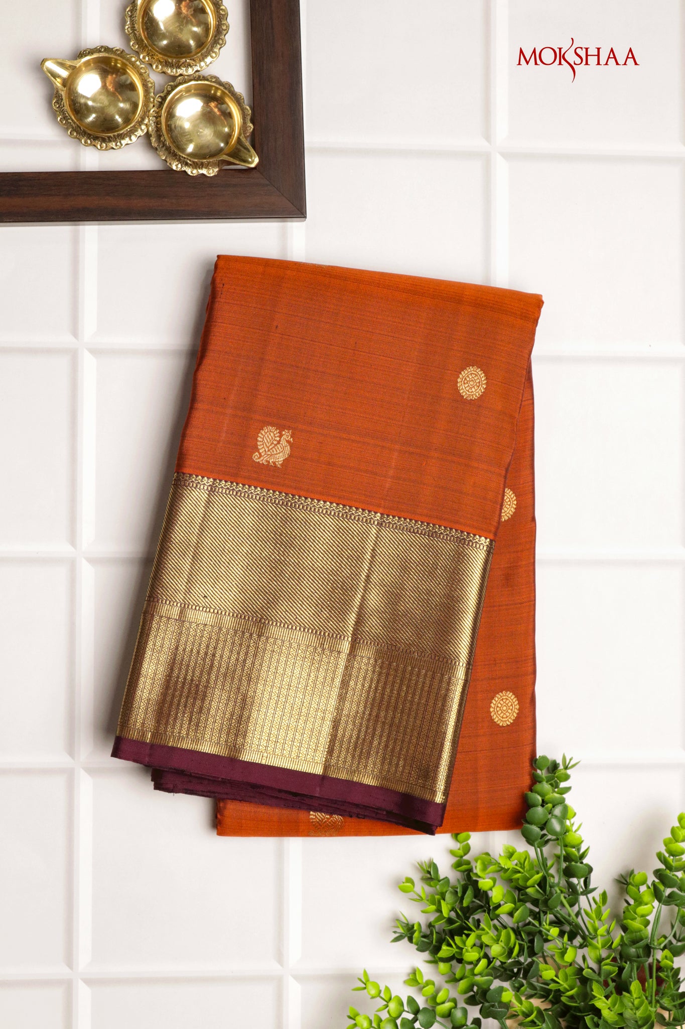 Rust Orange Kanchivaram Silk Saree with Zari Butti and Contrast Pallu