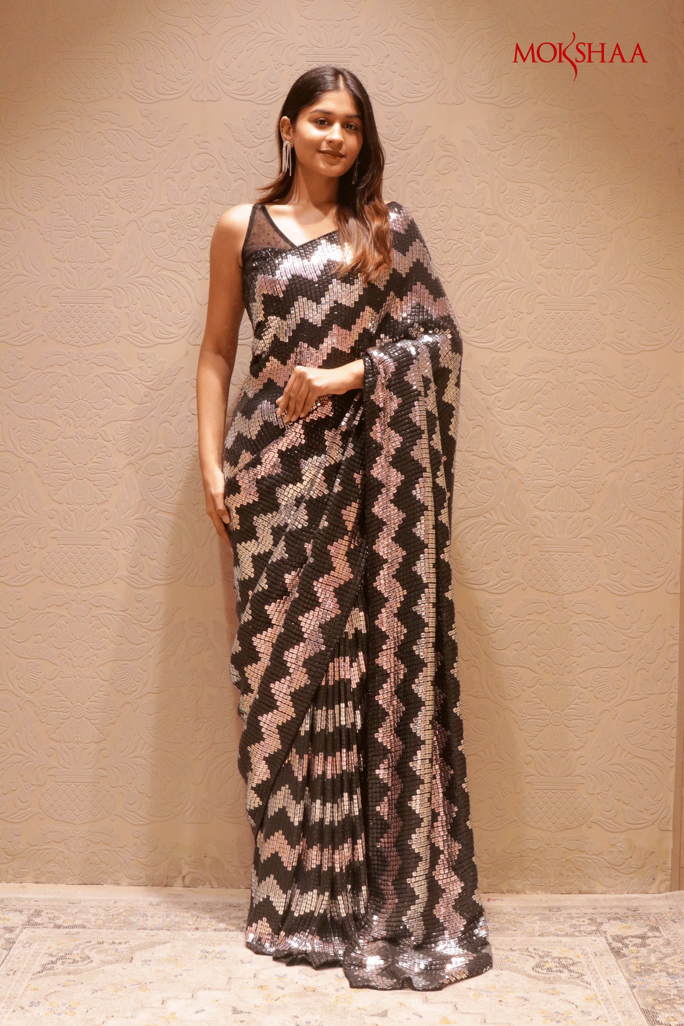Black Georgette Saree with Silver & Black Sequin Zigzag Pattern