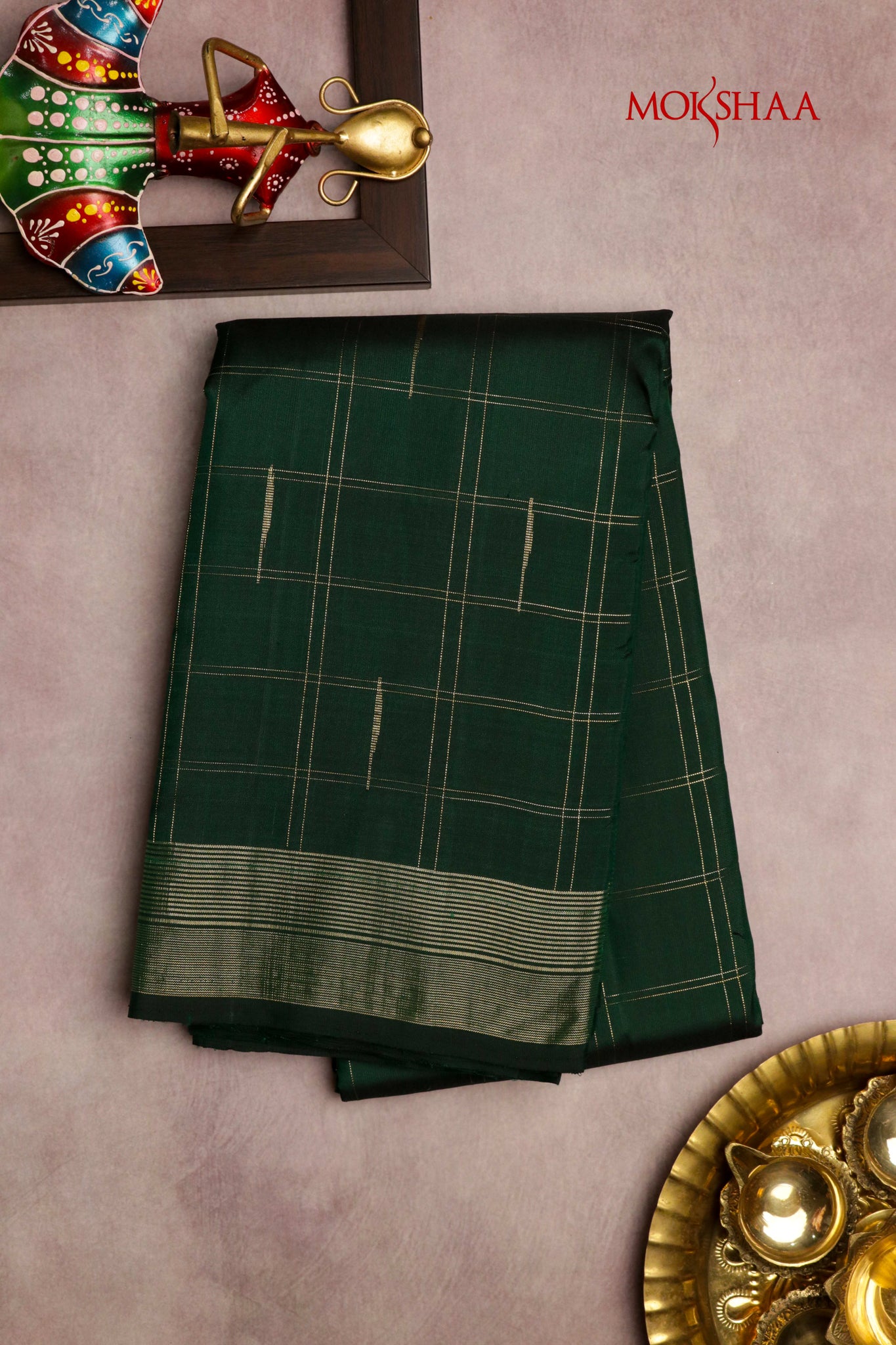 Bottle Green Kanchivaram Silk Saree with Zari Checks