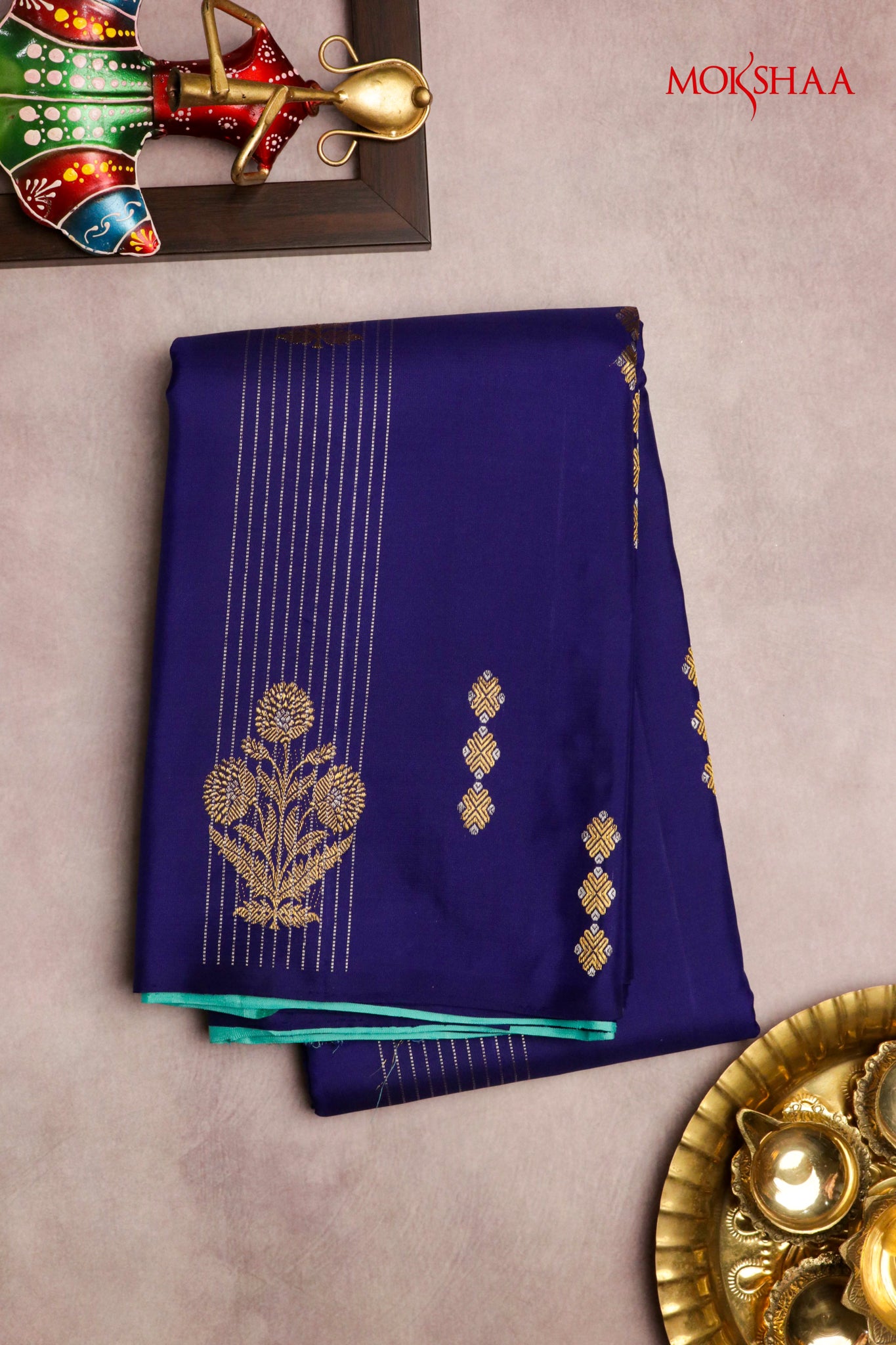 Ink Blue Kanchivaram Silk Saree with Zari Buttas & Contrast Pallu