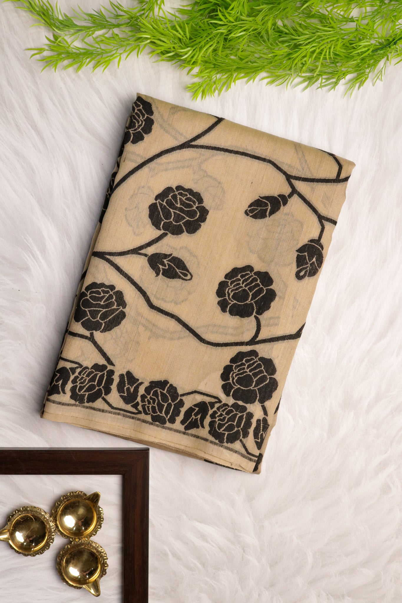 Beige Banarasi Handloom Saree with Black Thread Jaal