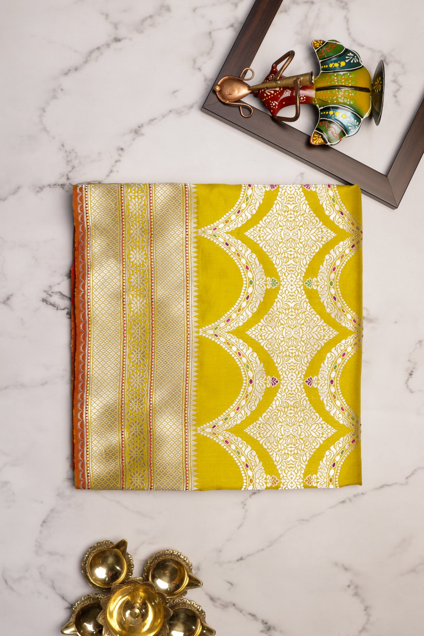 Mustard Yellow Banarasi Silk Saree with Fancy Border & Contrast Blouse