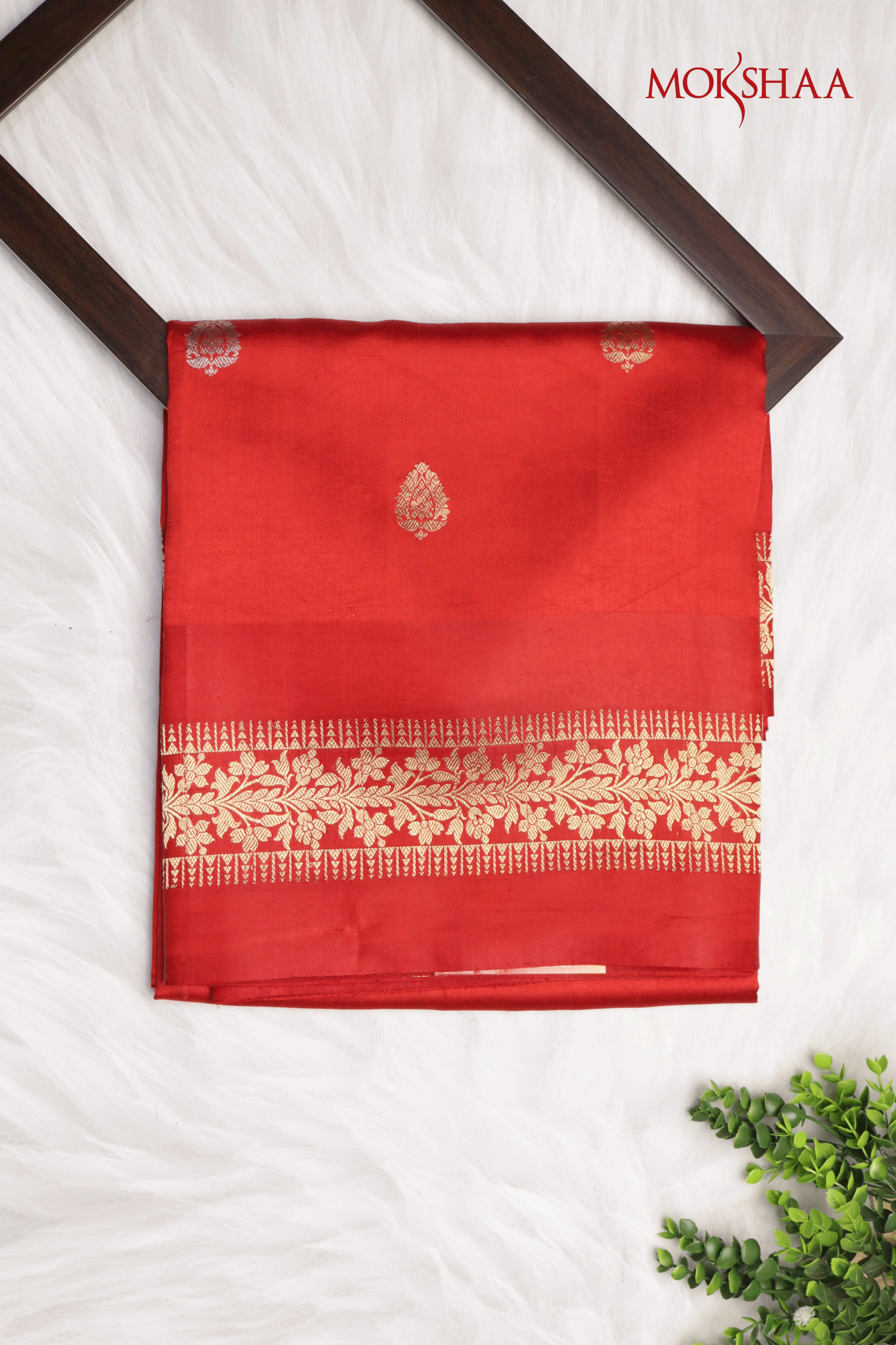 Red Banarasi Chanderi Silk Saree with Golden & Silver Motifs and Satin Border - Mokshaa