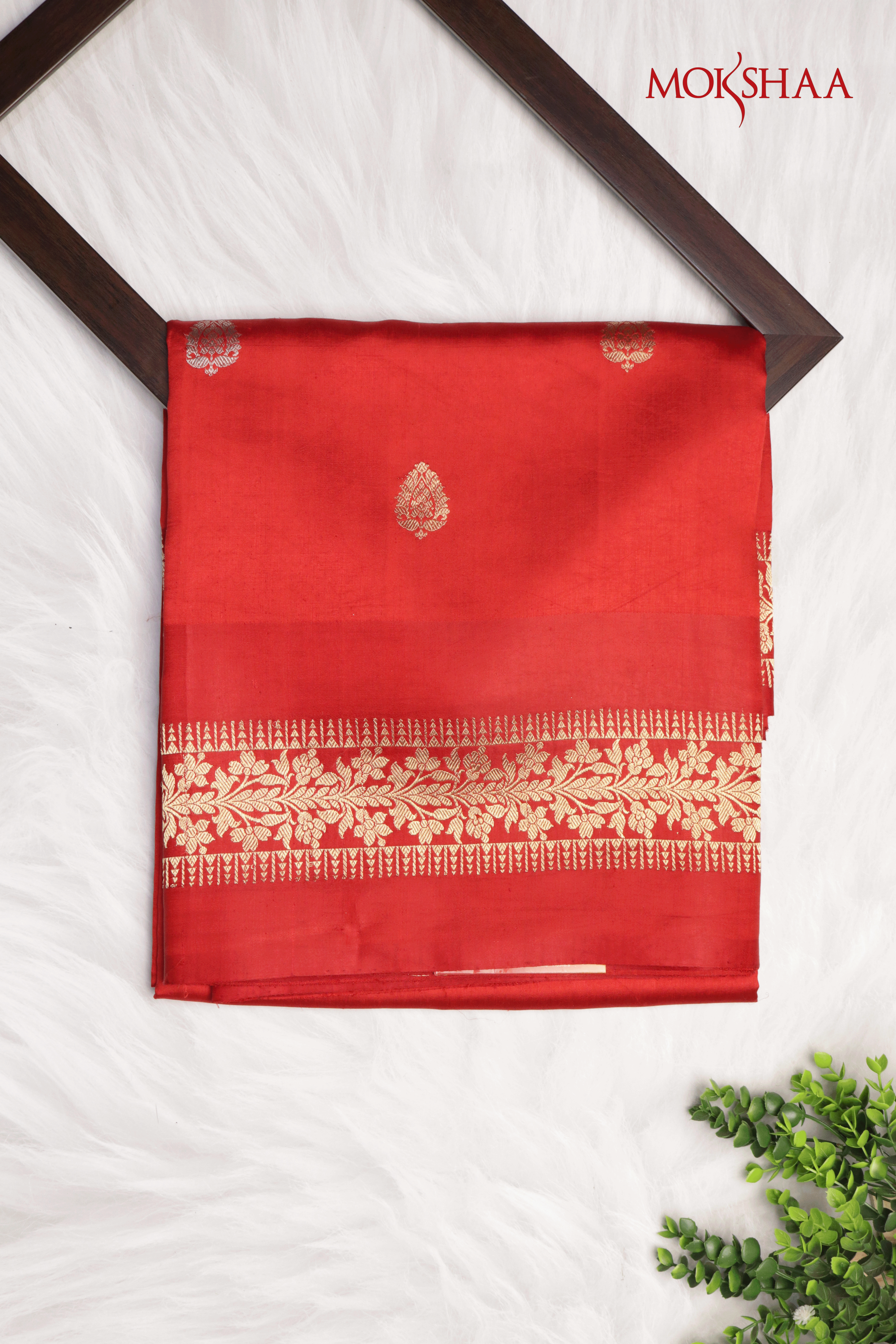 Red Banarasi Chanderi Silk Saree with Golden & Silver Motifs and Satin Border