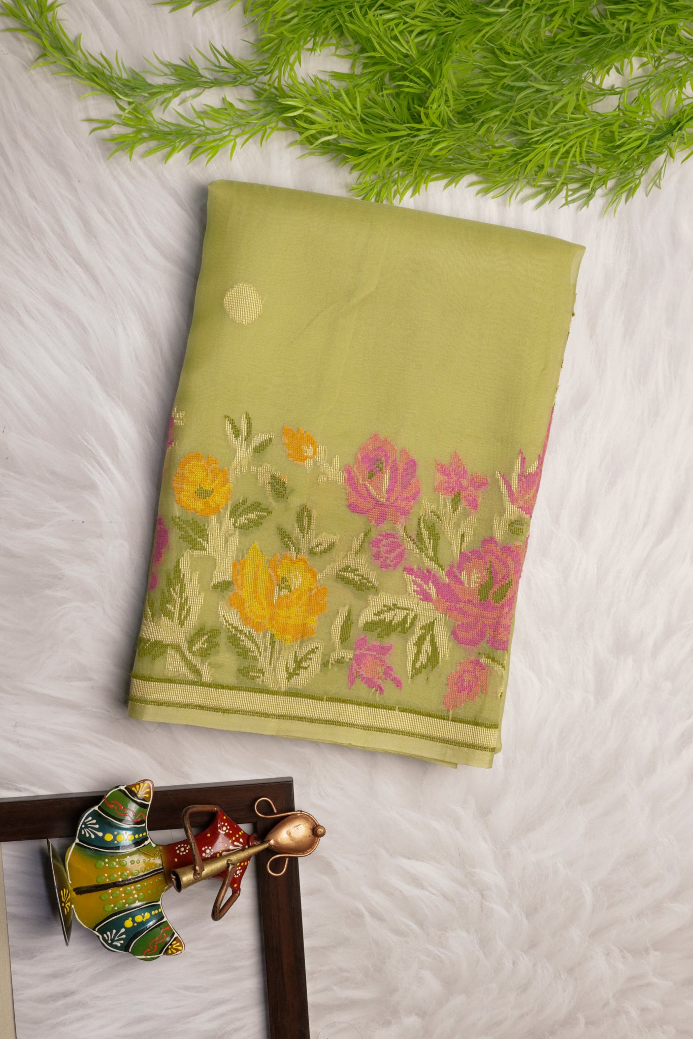 Pista Green Banarasi Kora Silk Saree with Multicolor Zari & Thread Weaving