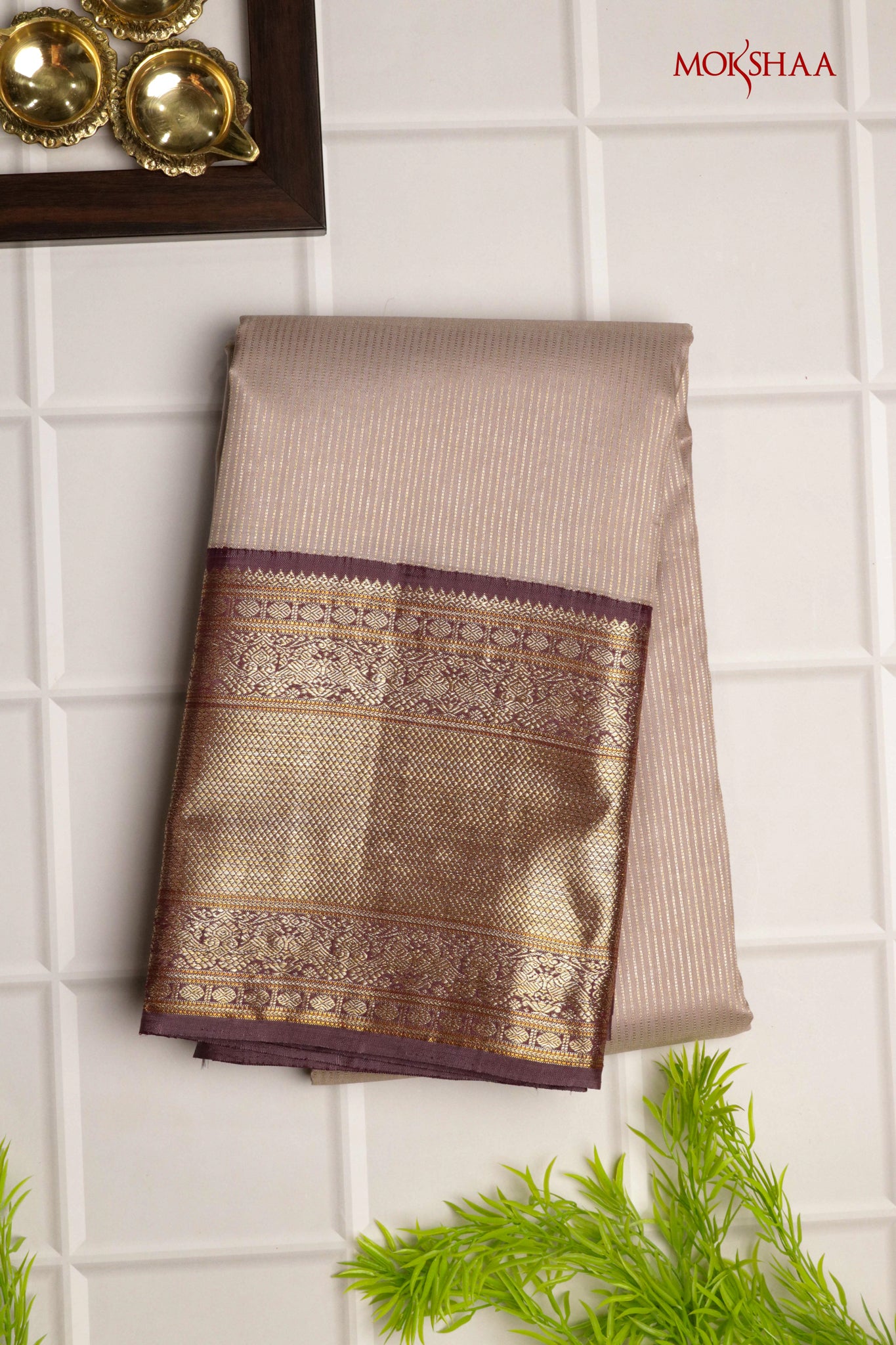 Beige Kanchivaram Silk Saree with Zari Stripes & Contrast Maroon Pallu