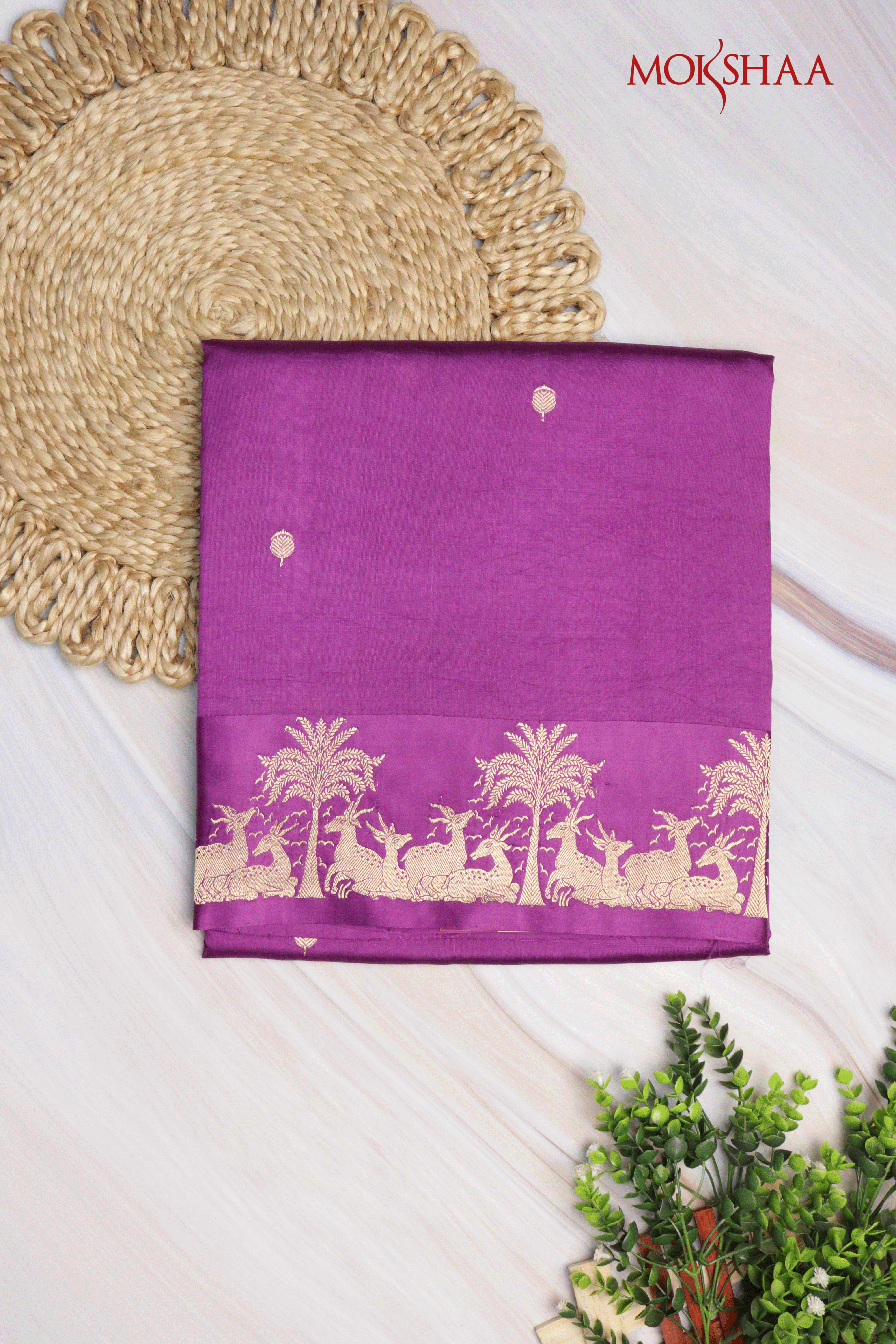 Violet Banarasi Chanderi Silk Saree with Gold Deer & Palm Motifs